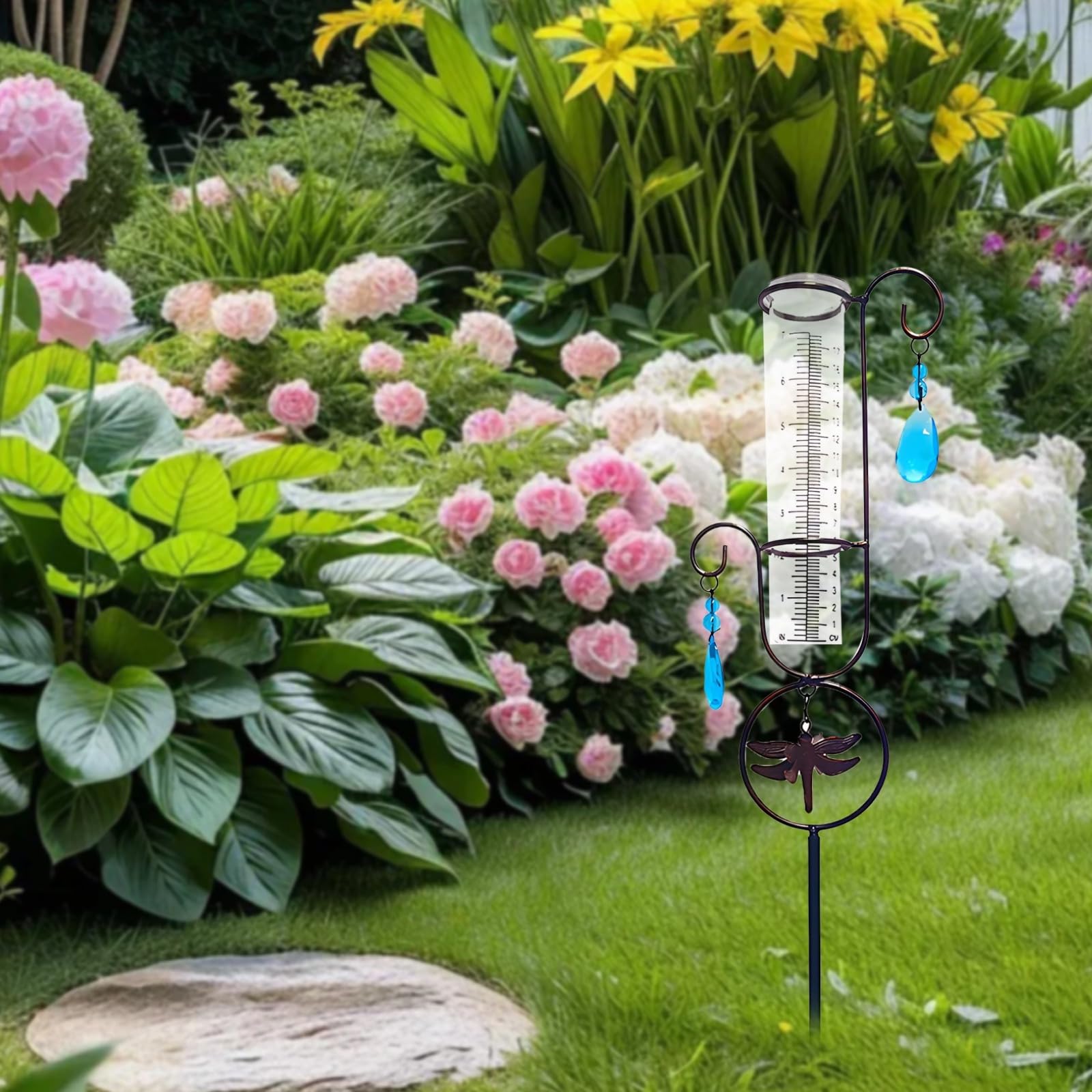 Medidor de lluvia decorativo para exteriores, diseño de libélula, cilindro de 17,7 cm, fácil de leer, soporte de metal para decoración de jardín y patio