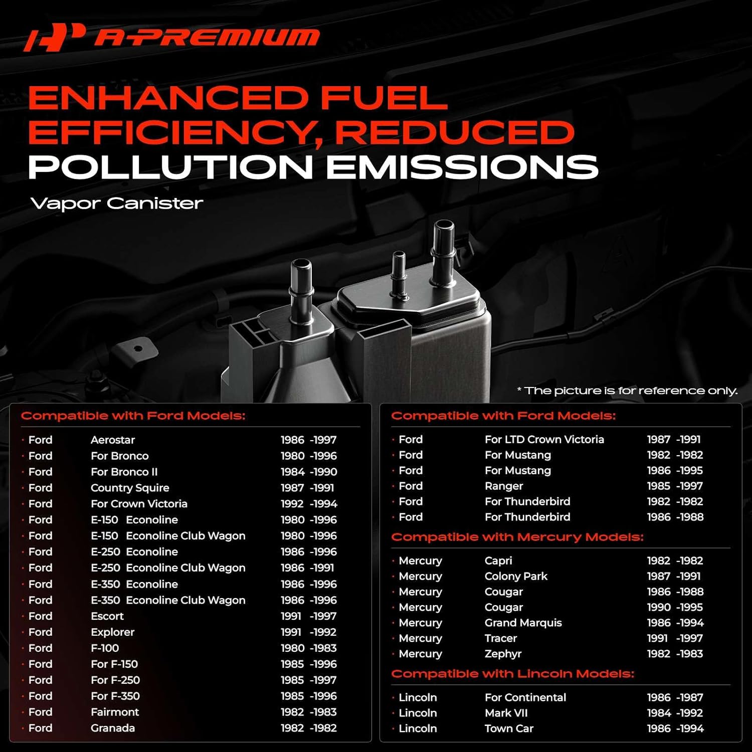A-Premium Vapor Canister Compatible with Ford F-150 F-250 F-350 F-100 Explorer Mustang E-Series Ranger Crown Victoria Escort Bronco Granada Fairmont & Lincoln Continental Town Car & Mercury, 1980-1997