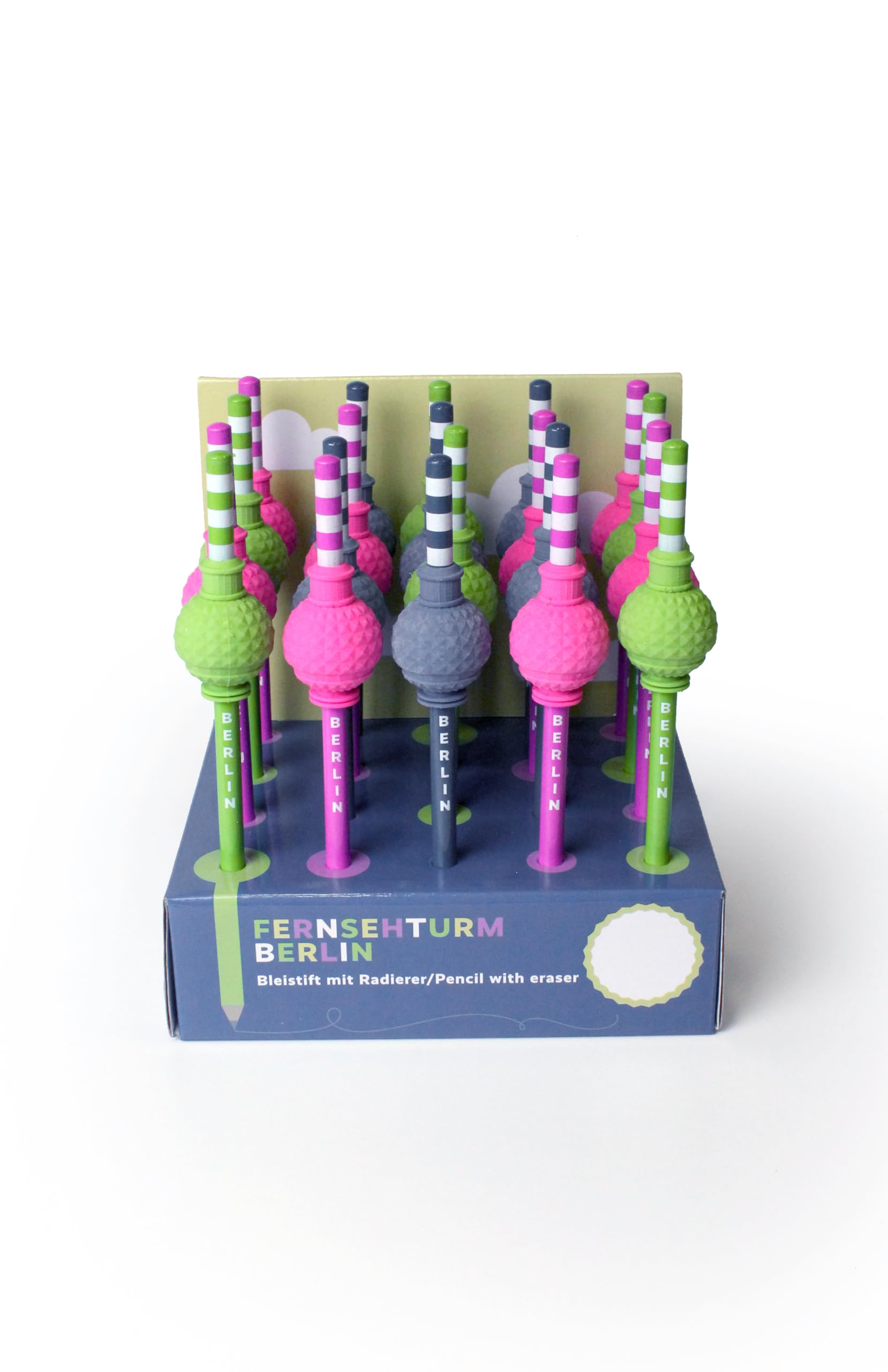 NEUE FREUNDE Berlin Bleistift mit Radiergummi - 20 Stück - Souvenir Fernsehturm Alexanderplatz - Display mit 20 Stück - HB Bleistift mit Radierer