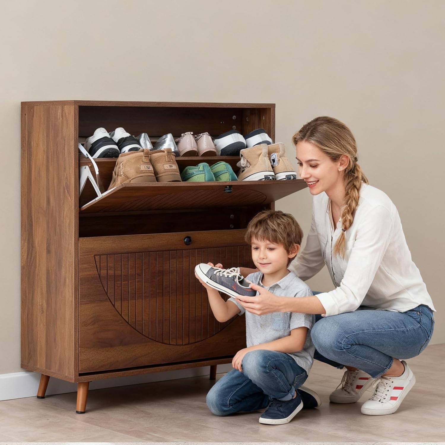 Shoe Storage Cabinet with 2 Flip Drawers, Narrow Shoe Organizer with Legs, Freestanding Hidden Slim Shoe Rack Cabinet with Open Storage for Entryway, Hallway, Foyer