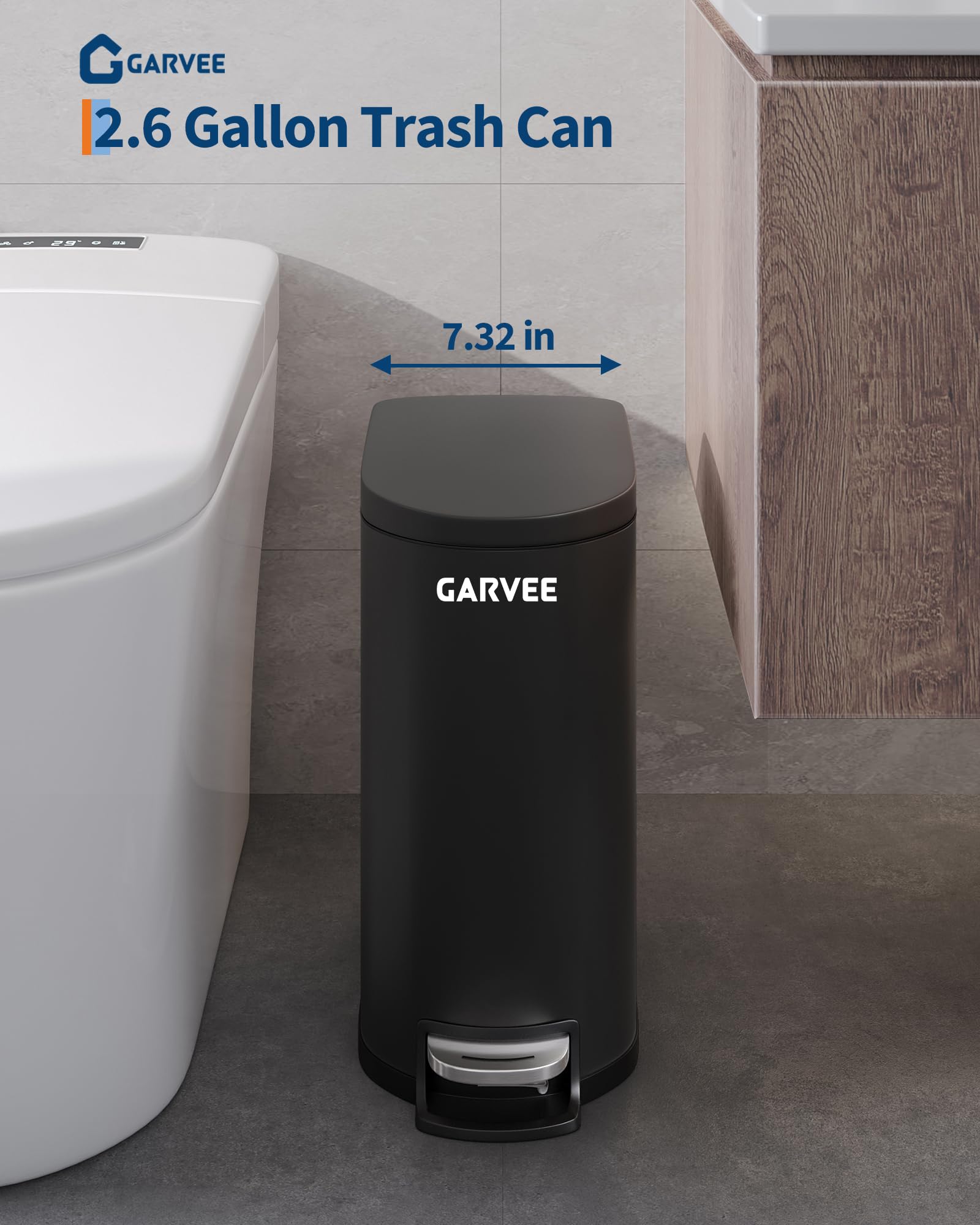 Garvee Pattumiera da bagno in metallo da 10 litri con coperchio, sottile e impermeabile, per camera da letto, piccolo cestino della spazzatura con secchio interno, maniglia posteriore, coperchio