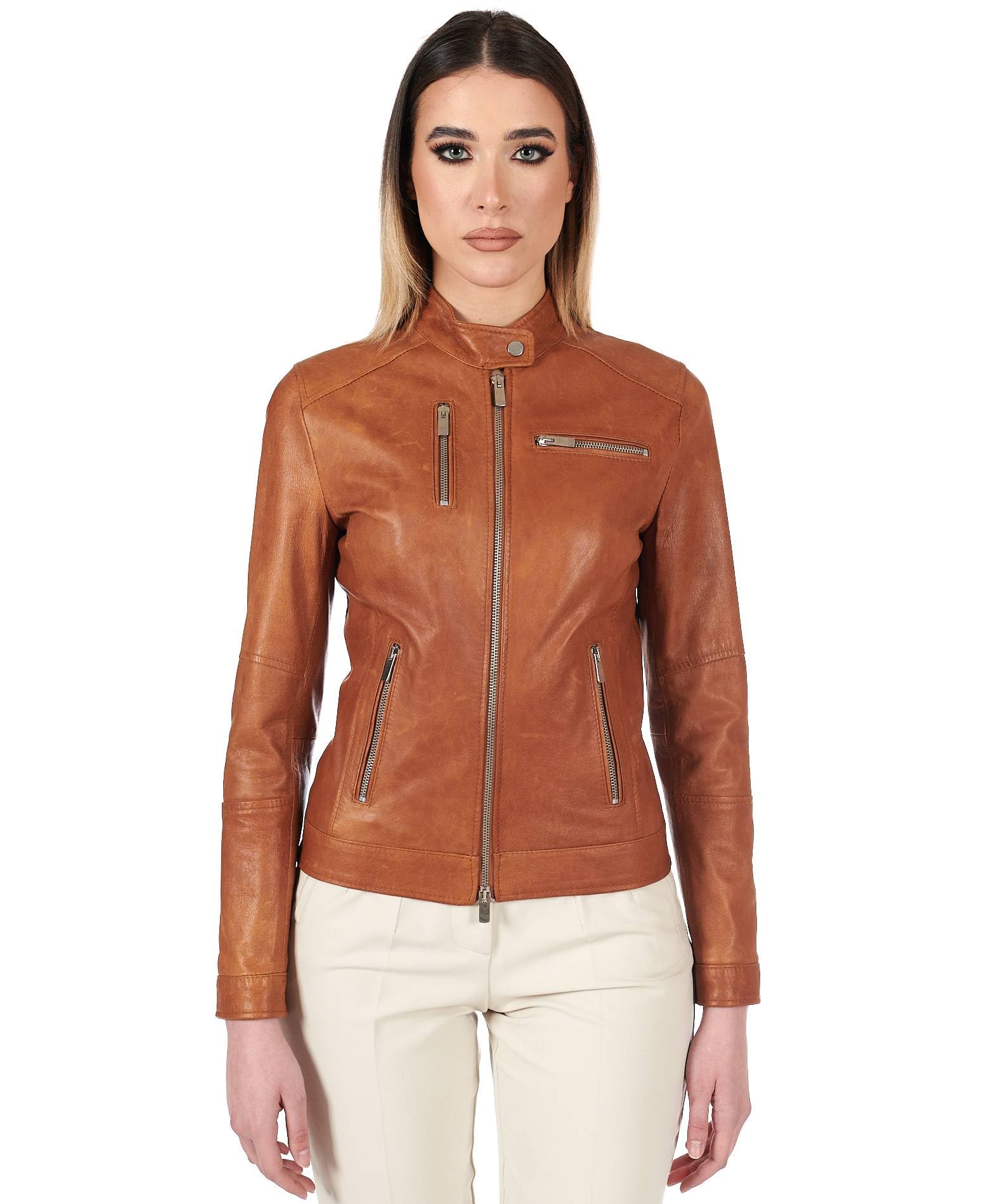 D'Arienzo Giacca Pelle Donna Cuoio Vinatge Biker Vera Pelle Made in Italy Giulia