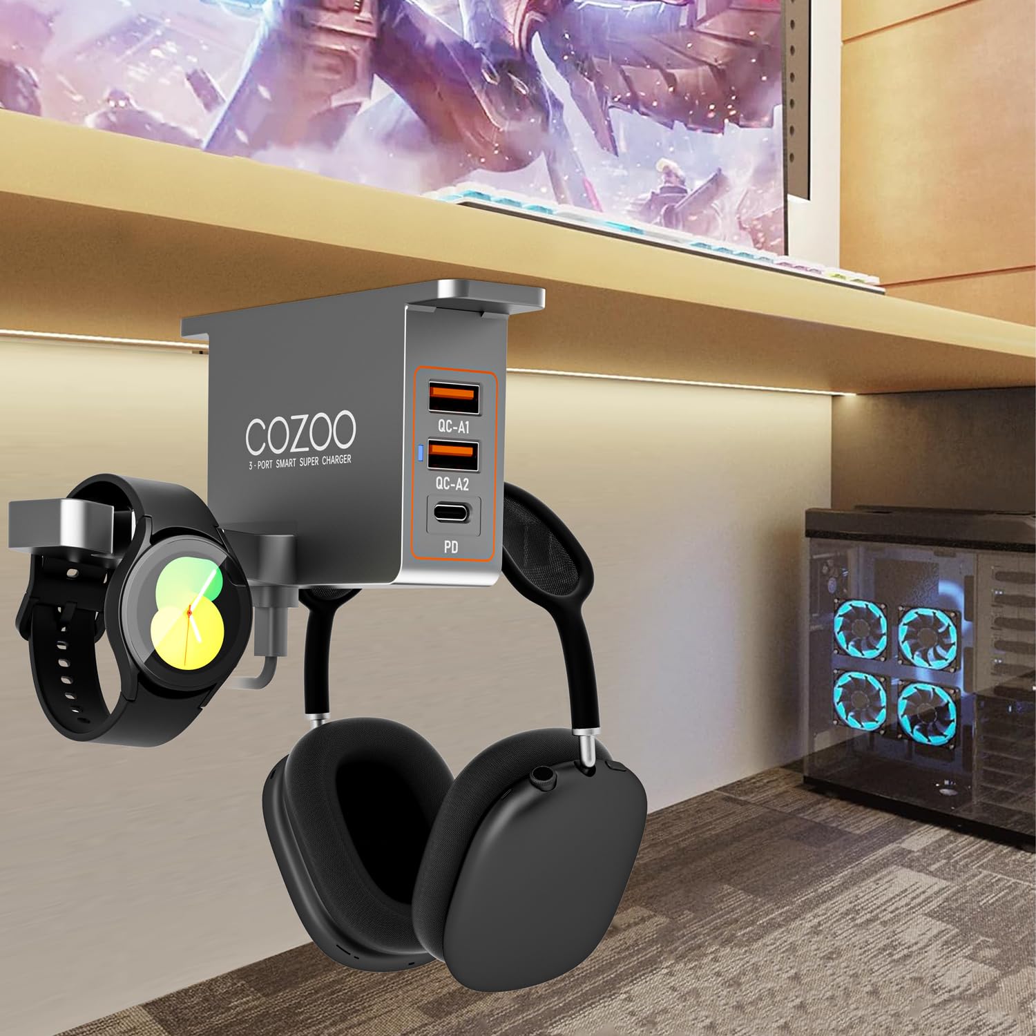 COZOO - Supporto per cuffie in legno di noce con caricatore USB, supporto per cuffie da scrivania, con stazione di ricarica USB a 3 porte e supporto per iWatch, dock di ricarica doppio per auricolari,