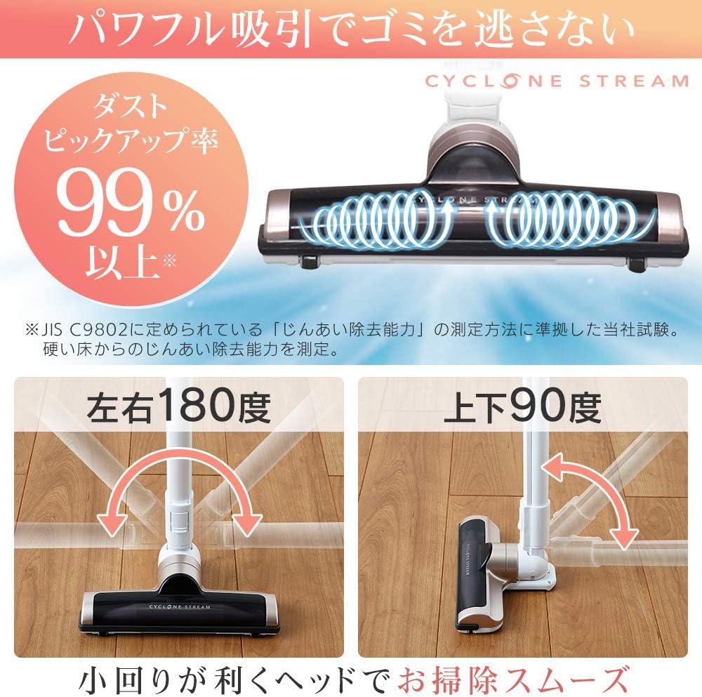 Diagram showing the 180-degree horizontal and 90-degree vertical movement of the IRIS OHYAMA stick cleaner head.