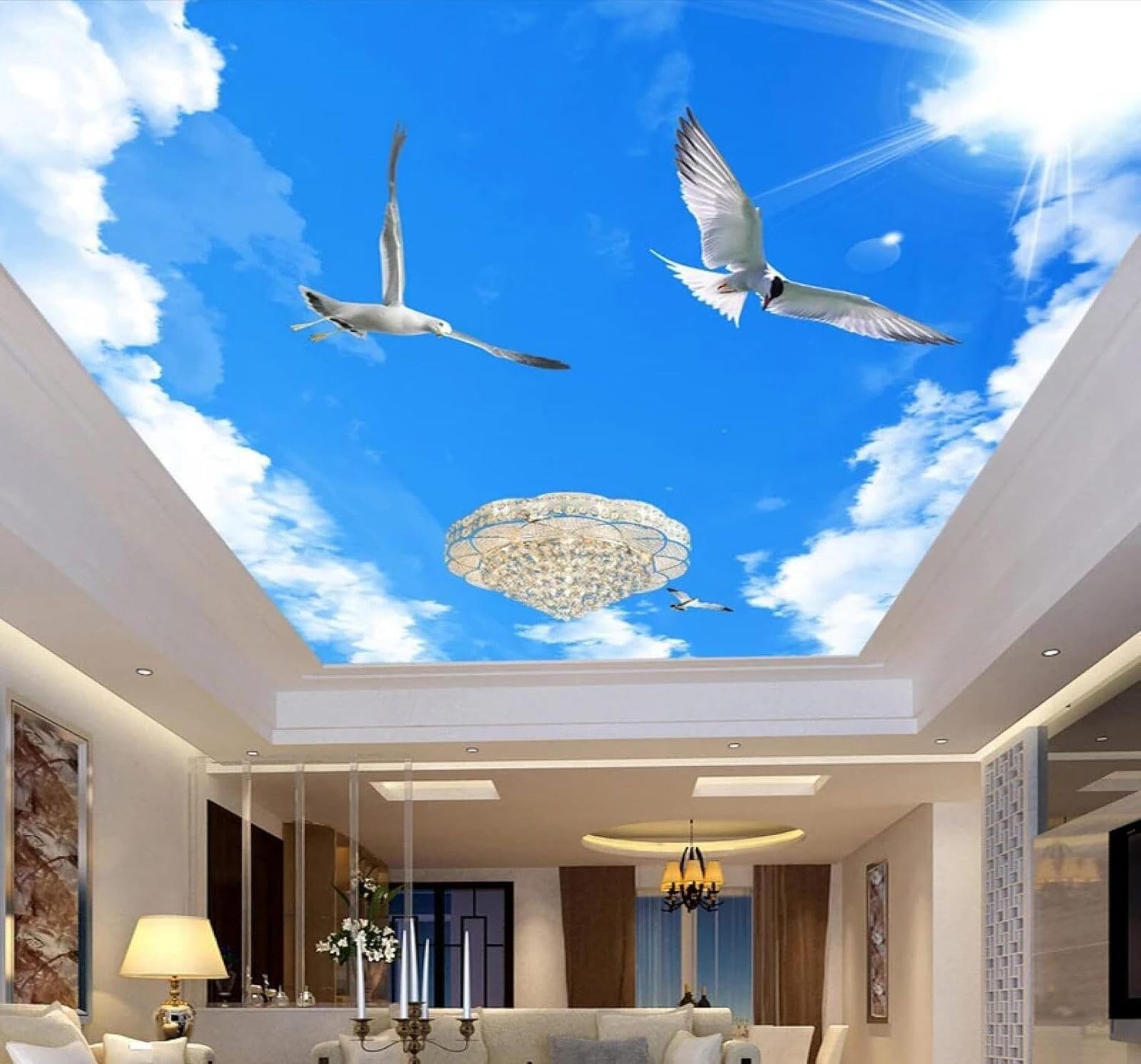 Tzxztt Blue Sky White Clouds Birds in Flight Sunshine Natural Scenery Modern 3D Wallpaper Premium Textured Silk Neutral Tones Material Ideal for Living Room Bedroom-250cm×170cm
