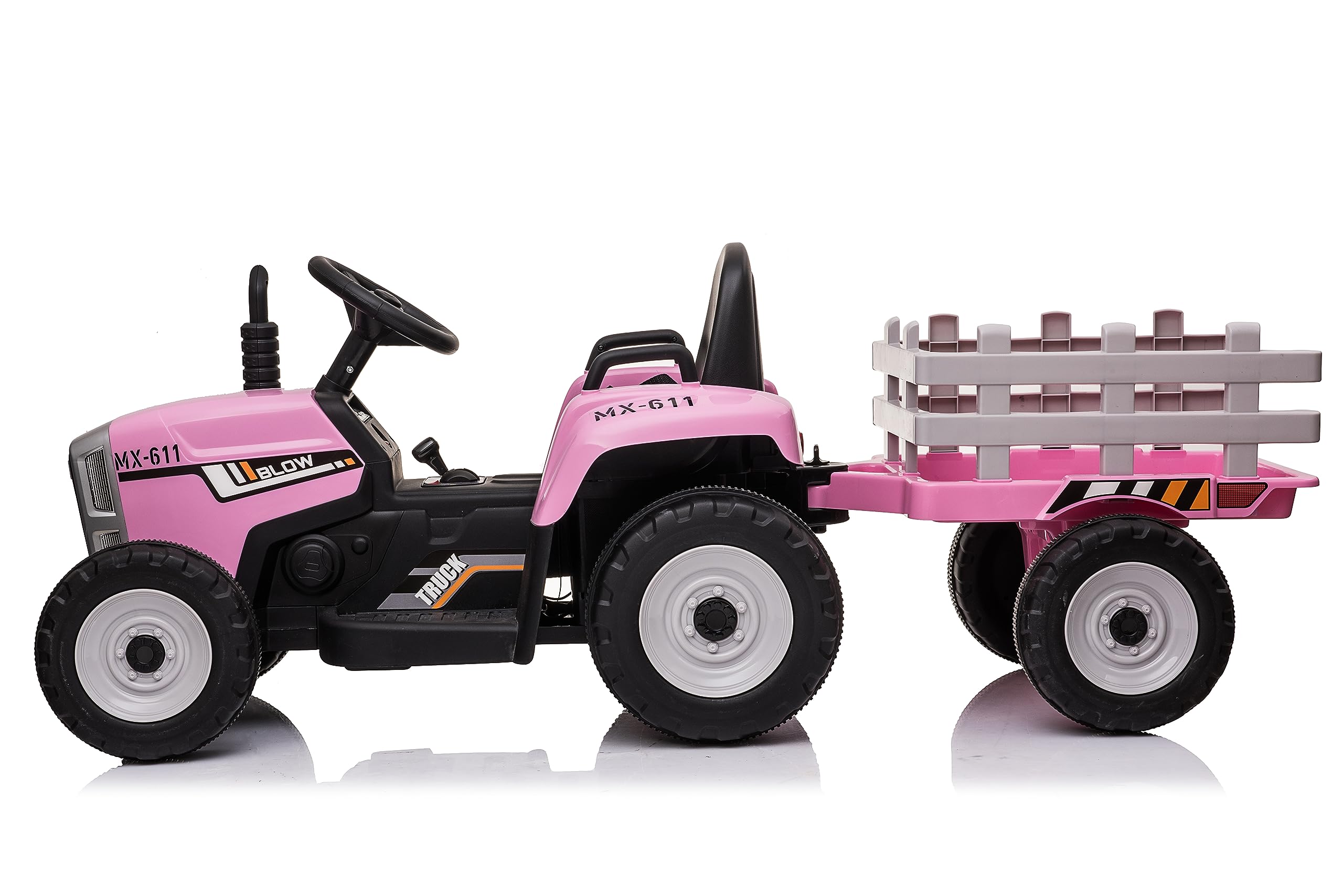 FINOOS 12V Tracteur Électrique Enfants avec Pelle & Remorque Amovible, Télécommande 2,4G, 2-6km/h, Rose