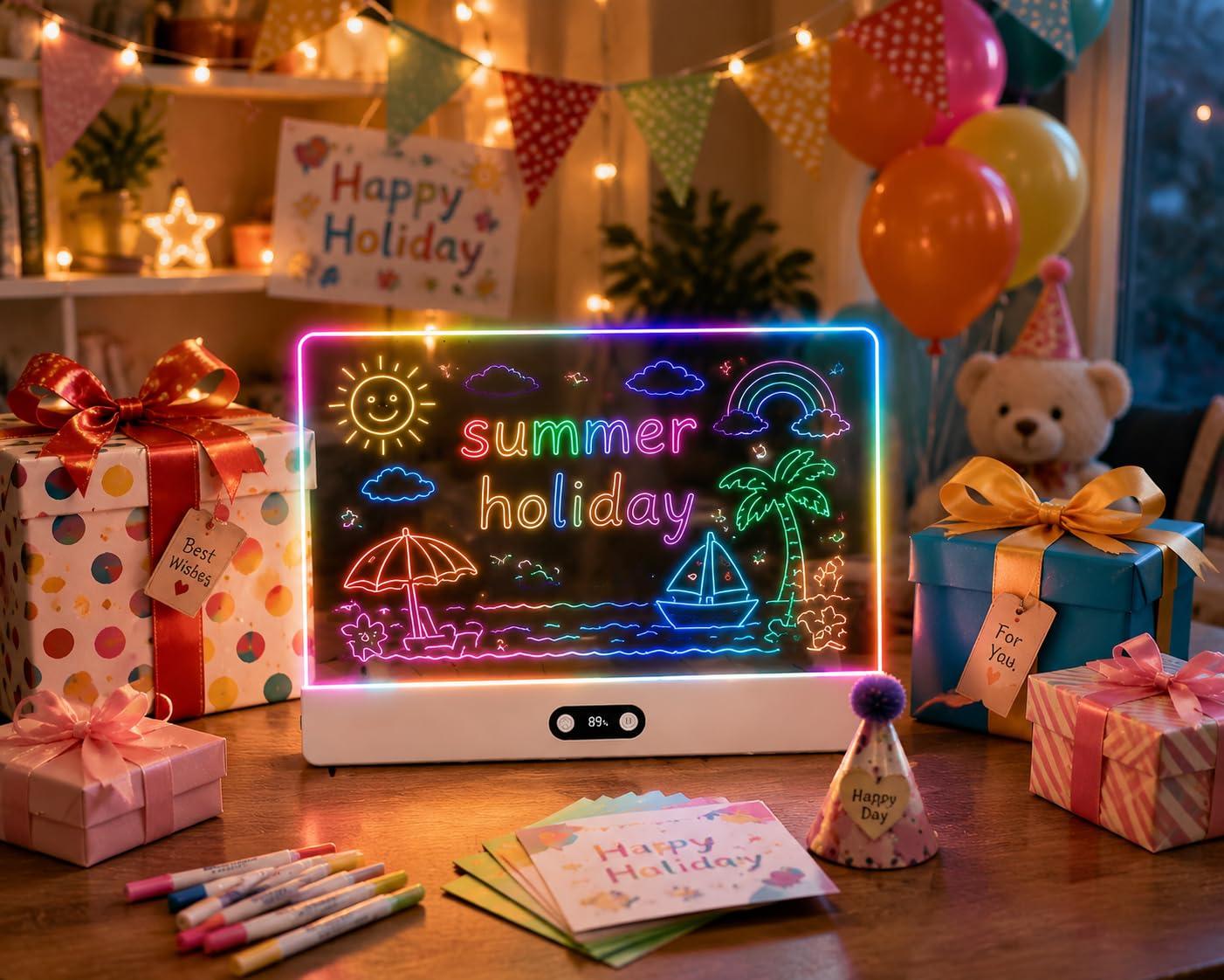 Lavagna LED Acrilica Riutilizzabile | 35x26cm Rosa, 8 Colori, 7 Pennarelli, Display Batteria Digitale, Lavagna Luminosa per Bambini, Ufficio, Bar