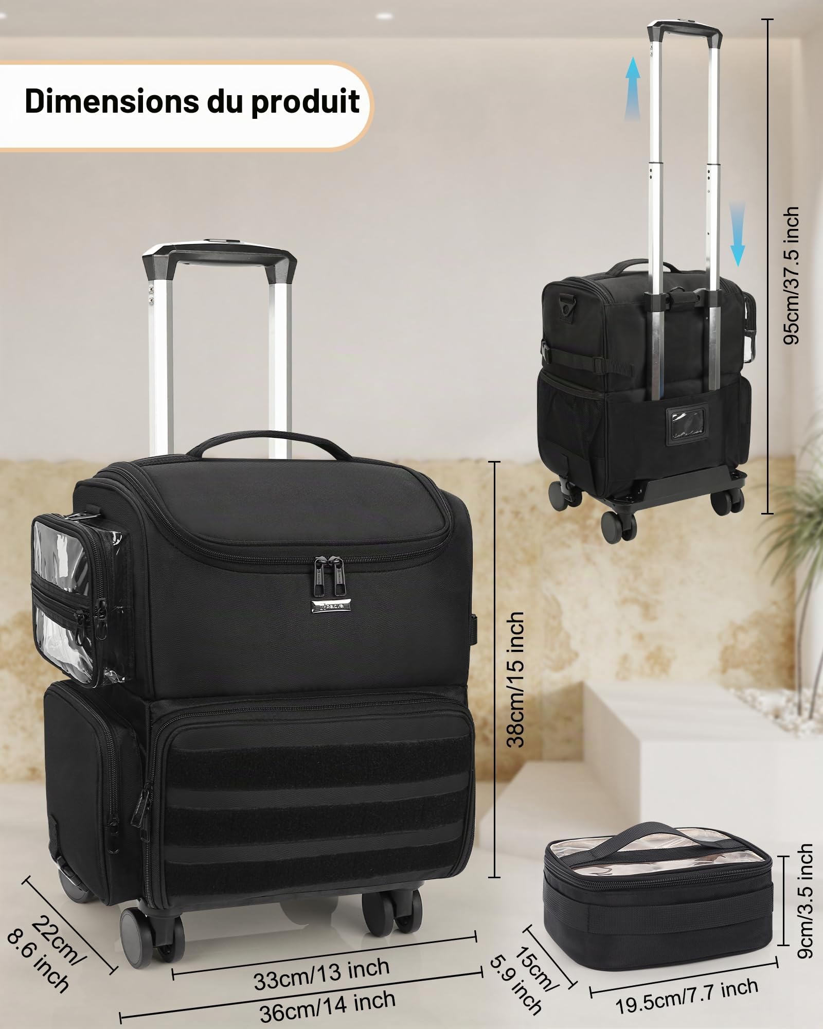 Relavel Mallette de maquillage à roulettes avec roulettes + 4 poches transparentes - Kit professionnel pour artistes de maquillage - Organisateur cosmétique avec séparateurs réglables - Roulettes