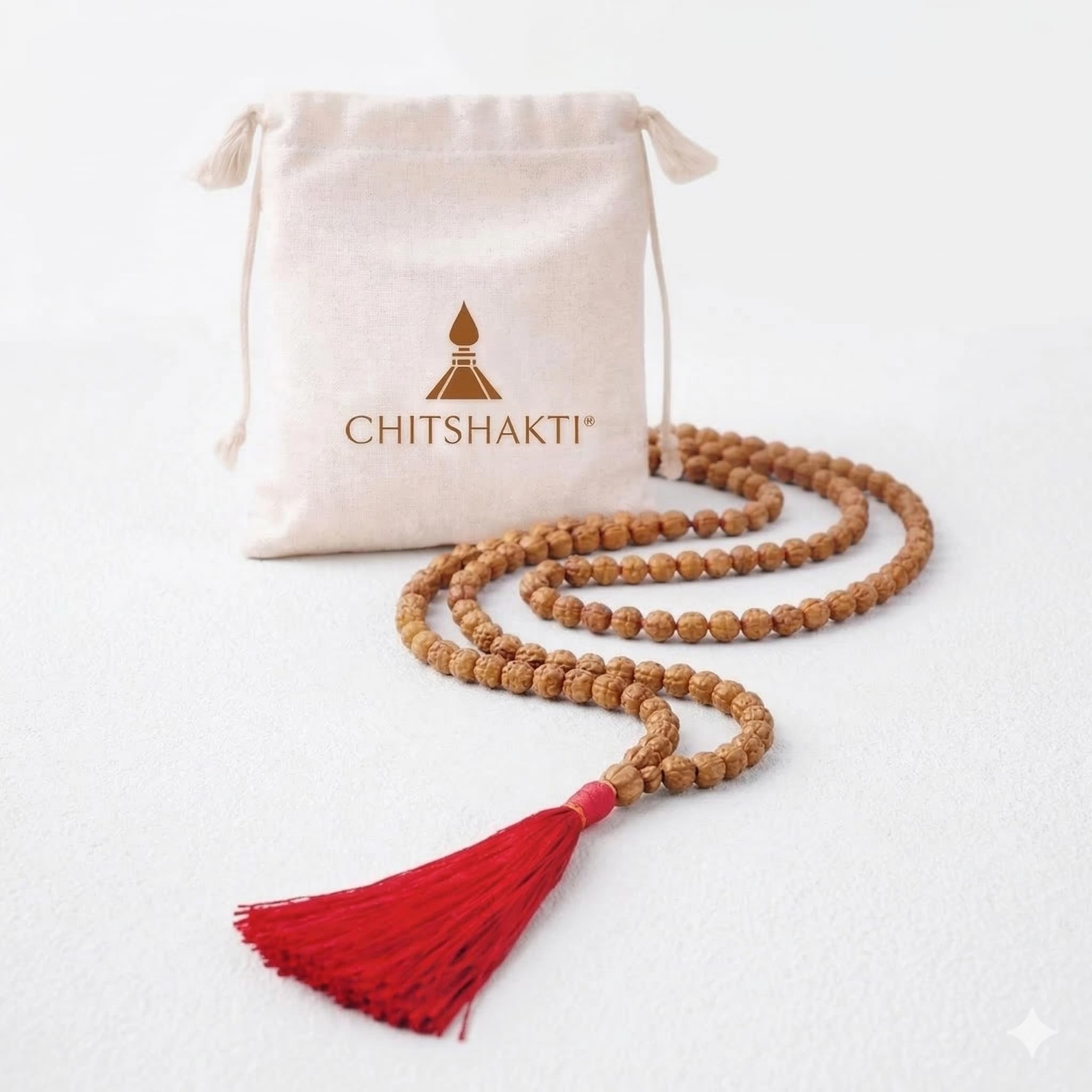 rudraksha mala 108 +1 beads original | sacred 108 + 1 rudraksha meditation mala | natural 8.5 mm beads with 12 mm guru bead | traditional hand-knotted japa mala with red tassel | red