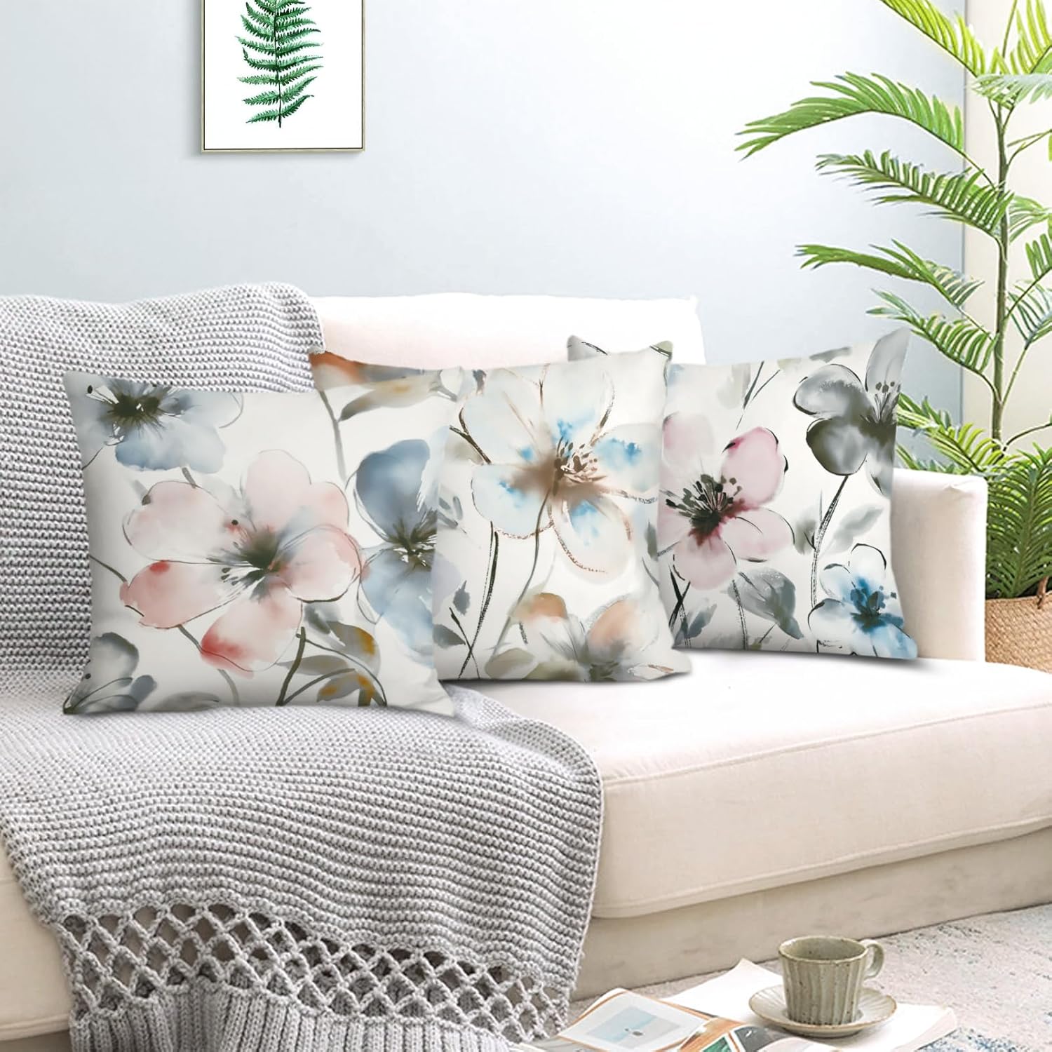 Watercolor Flower Throw Pillow Covers 18x18 Inch Set of 4 Rustic Abstract Modern Floral Cushion Covers Home Decor for Sofa Couch Bed Cushion Cases - Image 3