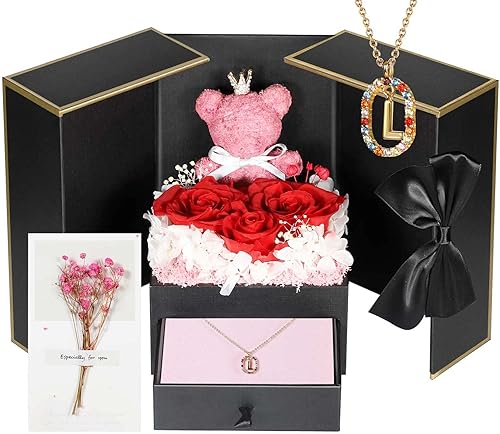 Bonito regalo de oso de rosas reales preservadas con collares iniciales chapados en oro de 18 quilates para mujeres, dĂa de la madre, cumpleaños, Bonito regalo de oso de rosas reales preservadas con collares iniciales chapados en oro de 18 quilates para mujeres, dĂa de la madre, cumpleaños,