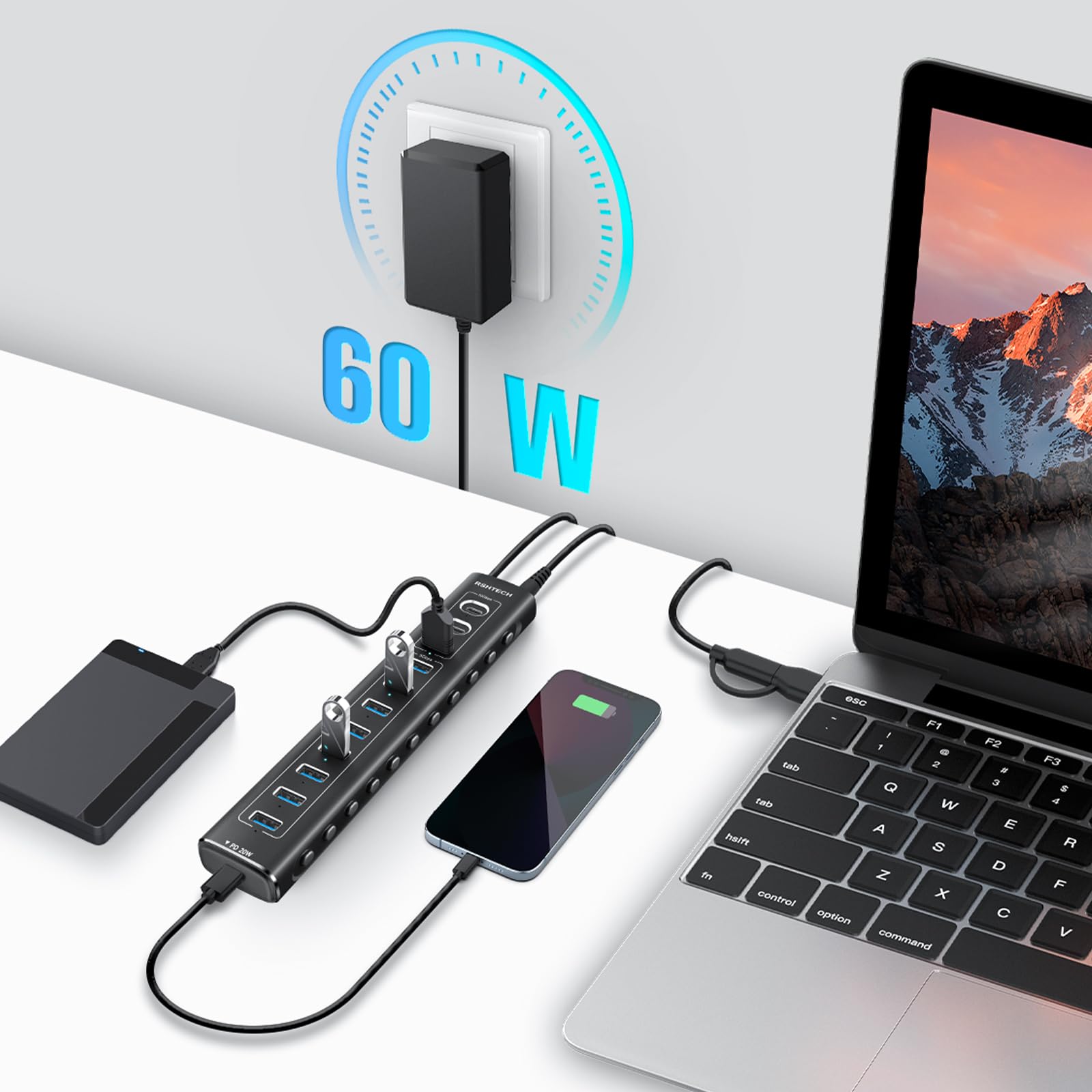 USB C 3.2 Hub Aktiv mit Netzteil (60W 12/5A), RSHTECH 11-Port USB C 3.1 Gen2 Hub mit 20W PD, 3 * 10Gbps (2*Typ-C, 1*Typ-A), 7 * 5Gbps (7*Typ-A), 2-in-1 Kabel, Aluminium USB Verteiler, RSH-A11PD
