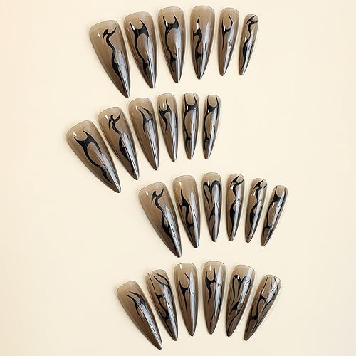 Miniatura 4 de Uñas postizas a presión para Halloween, uñas postizas largas de estilo stiletto, de cobertura completa, color negro, con diseños de pegamento