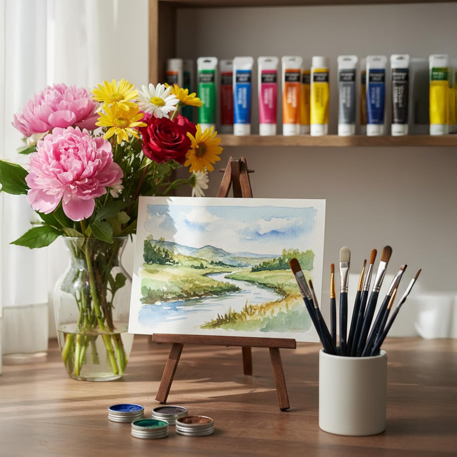 JOVITEC 48 Pcs 12 Inch Mini Wood Easel Stand Tabletop Bulk for Painting Canvas Display Easel Set Triangle Card Stand for Wedding Adults Portable Photo Picture Holder (Brown Color)