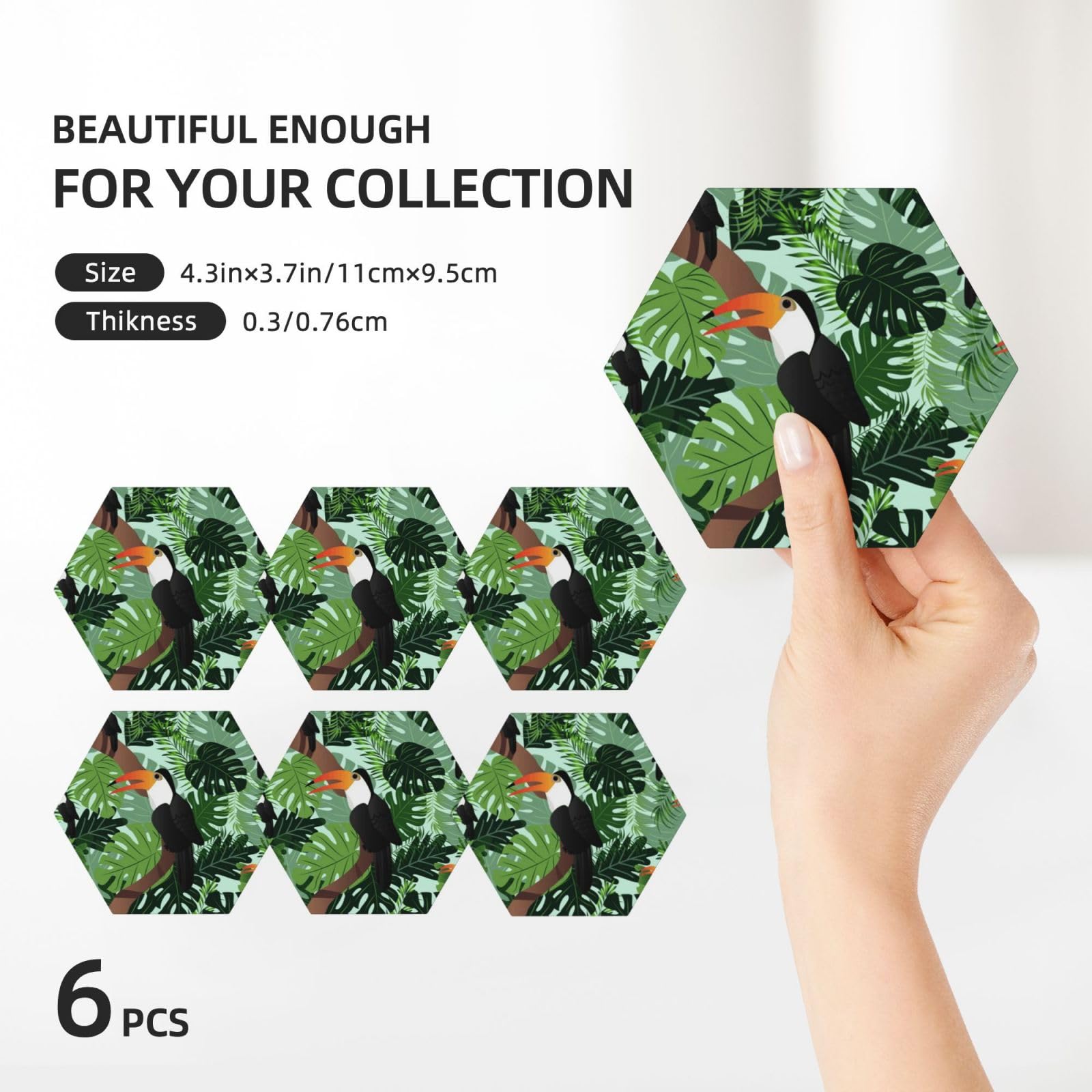 Sottobicchieri in ceramica con stampa di foglie tropicali e uccellini, set di 6 sottobicchieri decorativi
