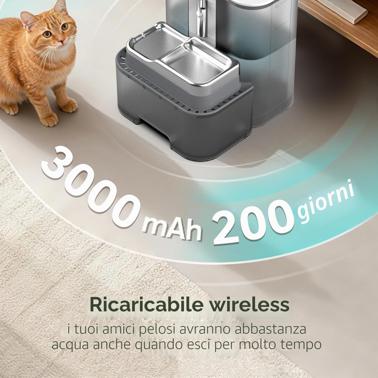 Marchul Fontana per gatti wireless da 5 litri senza filtri, con separazione dell'acqua di scarico, sensore di movimento e programmabile, vaschetta in acciaio inossidabile, alimentata a batterie