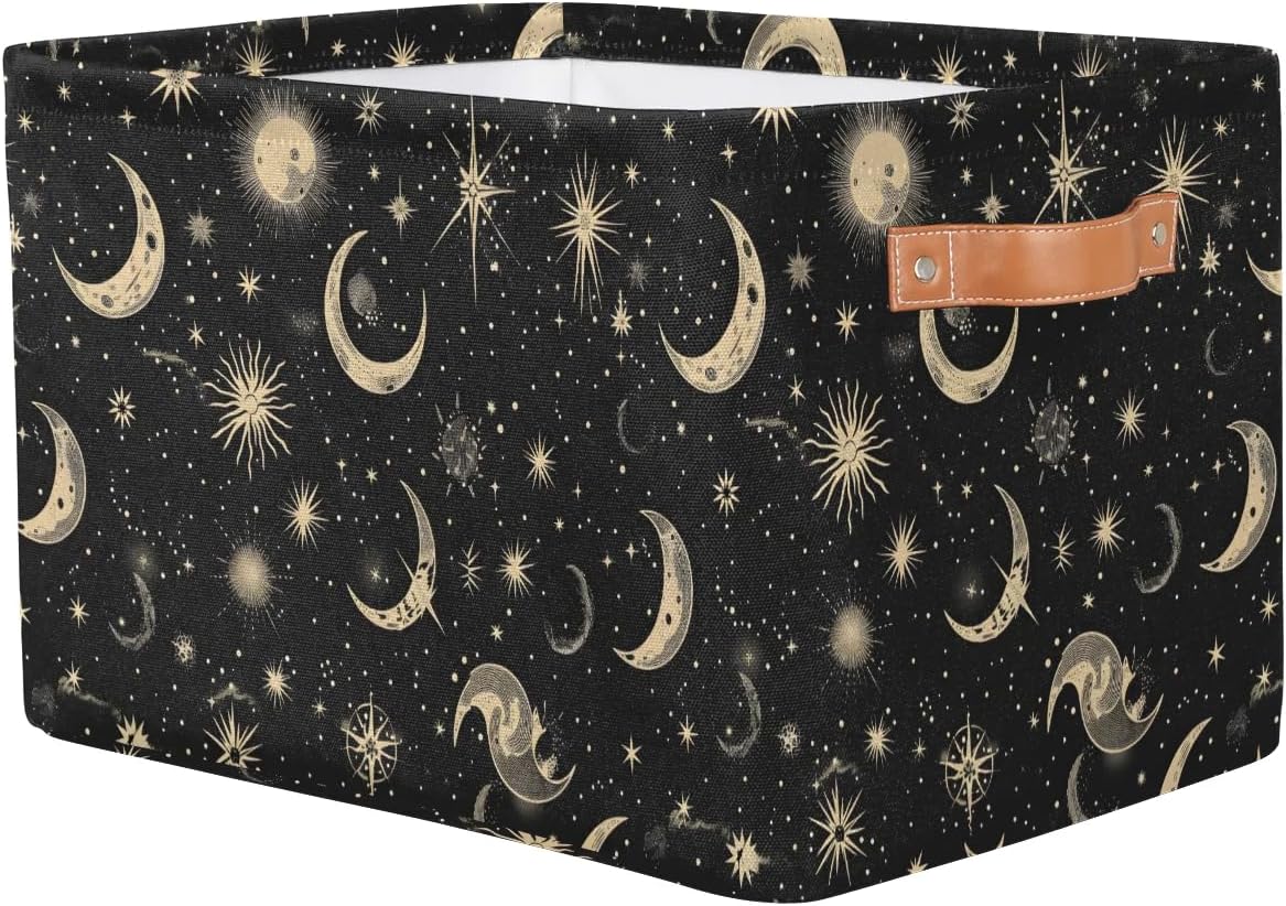 Moon and Stars Rectangle Storage Basket Vintage Galaxy Foldable Storage Bin Cubes with Handles Large Organizer Bins Boxes Toy Closet Shelf Nursery Laundry Basket Home Decor