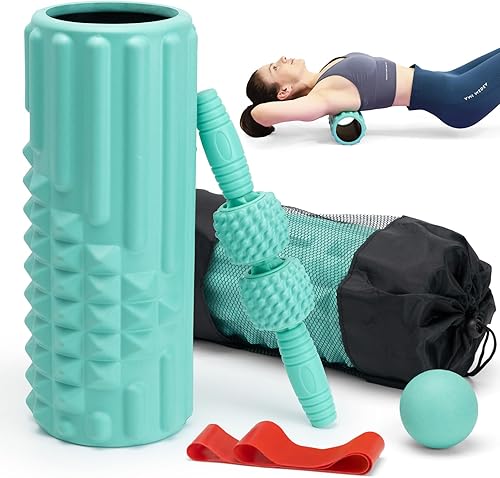 Juego de rodillos de espuma 5 en 1, rodillo de espuma de ejercicio de alta densidad para masaje muscular de tejido profundo, rodillo de masaje, bola