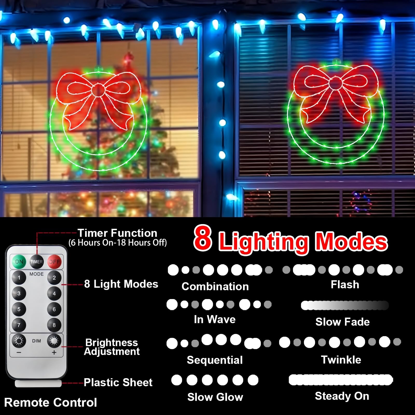 CESOF Couronne de Noël lumineuse de 35,6 cm avec nœud, télécommande minuteur, alimentation USB, pour maison, porte, mur, maison, décoration de fête de Noël
