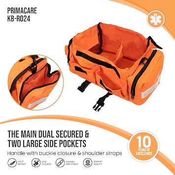Primacare KB-RO24 Empty First Responder Bag, 16x8x7, Professional Compartment Kit Carrier for Trauma and Emergency Medical Supplies, Orange