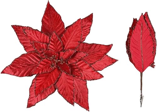 SHACOS 10 piezas de flores de Pascua grandes con purpurina de 7 pulgadas, clips florales, flores de Navidad, adornos de árbol de Navidad, guirnalda