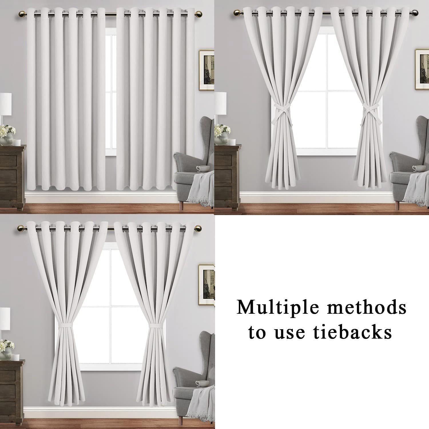 JIUZHEN Greyish White Blackout Curtains with Tiebacks Thermal Insulated, Light Blocking and Noise Reducing Grommet Curtains for and Living Room, Set of 2 Window Curtain Panels, 70 x 72 Inch Length