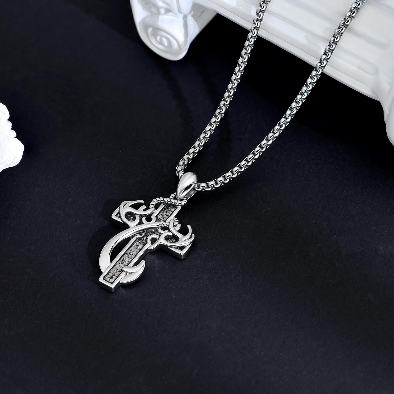 Cross Necklace for Men Stainless Steel Fish Hook Pendant Antler Necklace Hunting Jewelry Birthday Gifts for Father Husband Brother 22+2” - Image 4