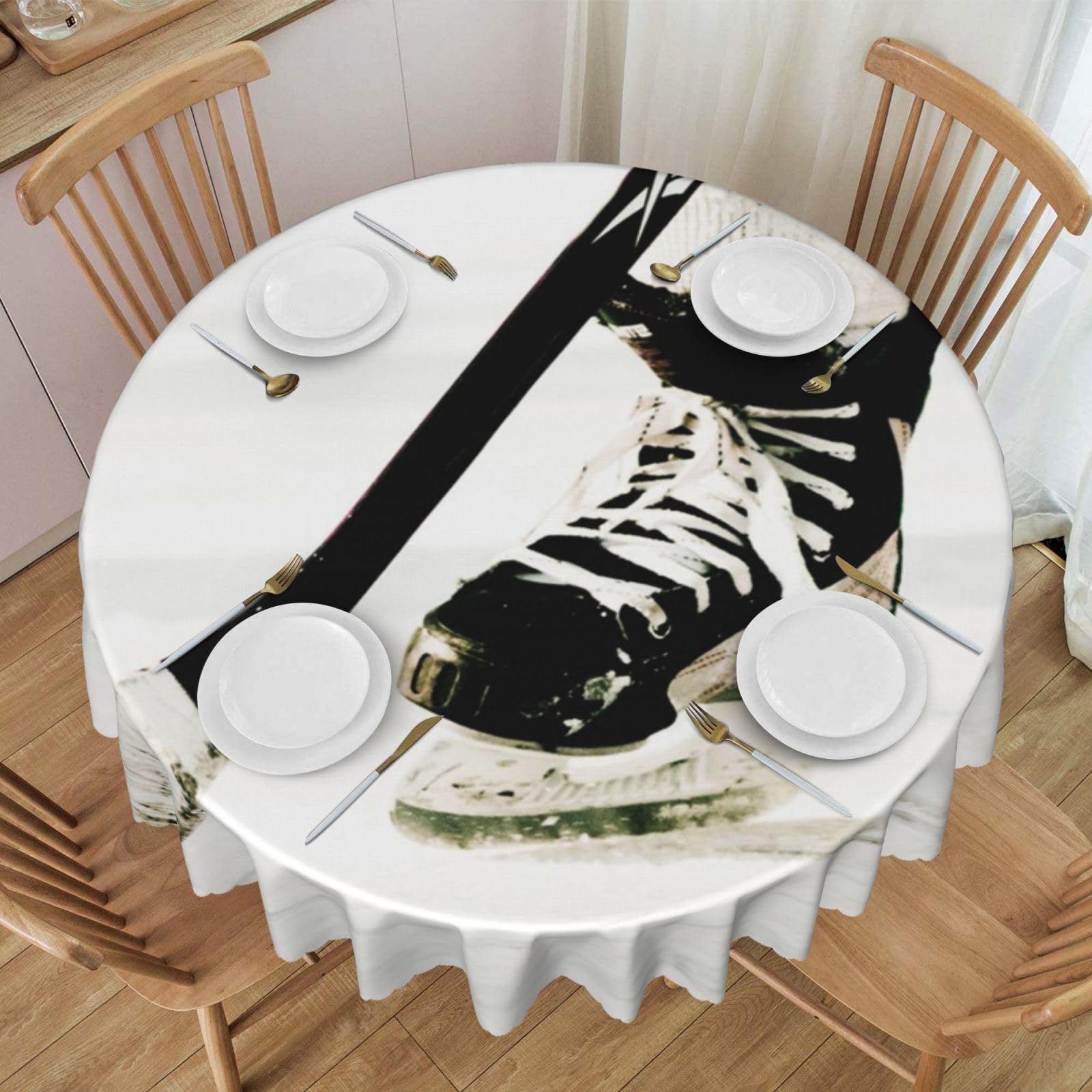 DCEHGEW 60 In Round Tablecloth with Lace, Ice Hockey Pattern Printed Oilproof & Washable Fabric Picnic Table Cloth Table Covers