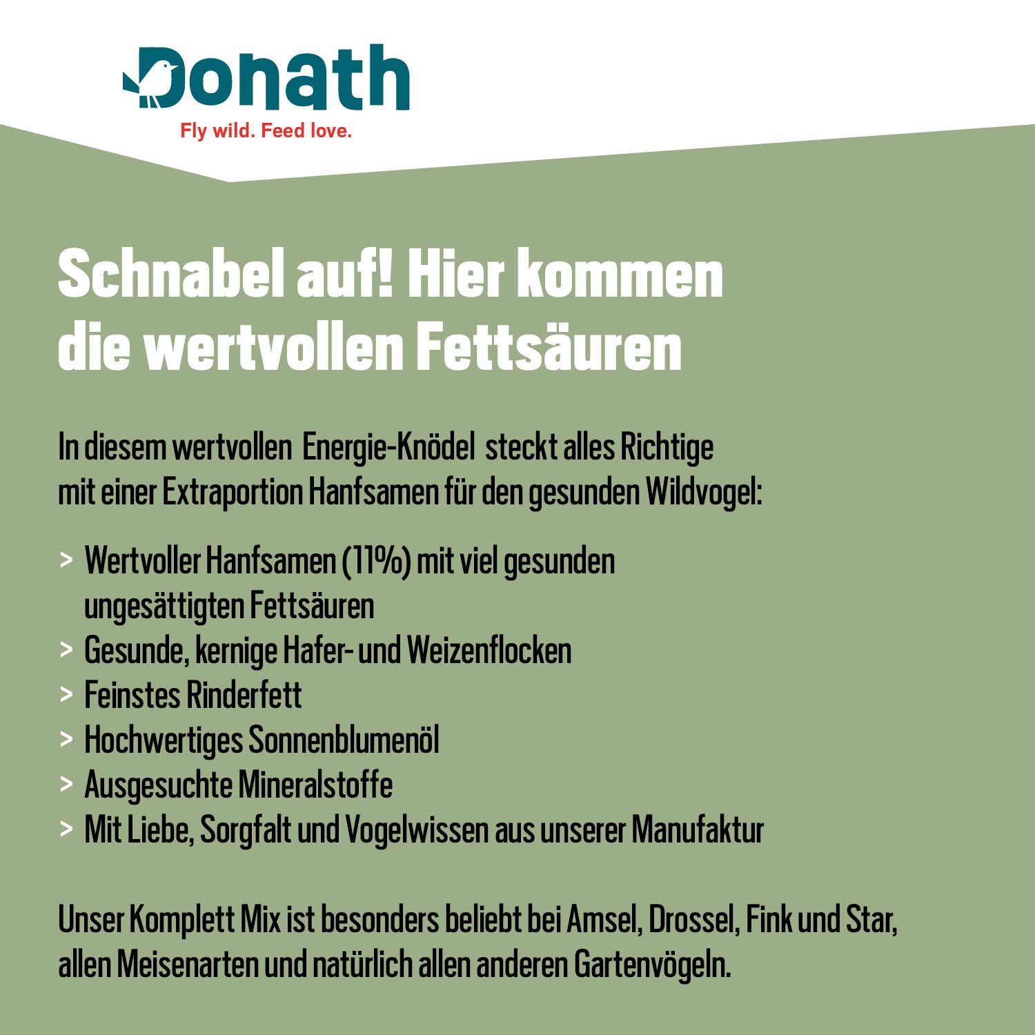 Donath Energie-Knödel Hanf im Bio-Netz - Meisenknödel im Bio-Netz - 100g je Knödel - Extraportion Hanfsamen - wertvolles Ganzjahres Wildvogelfutter - unsere Manufaktur in Süddeutschland - 6er Karton