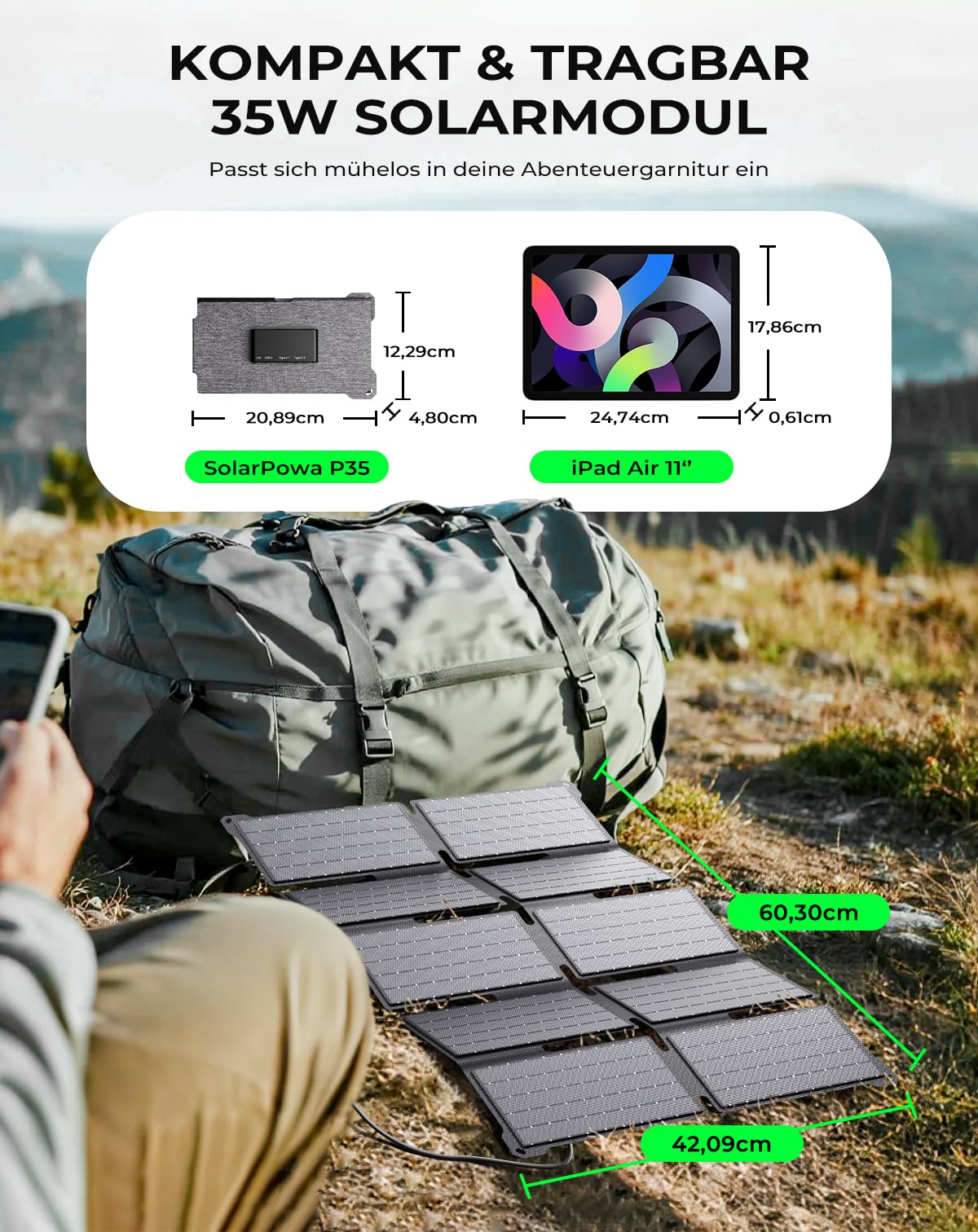 BigBlue Tragbarer 35W Tragbar Solar Ladegerät mit Schnellladung USB-A und PD 25W USB-C für Camping und Trekking, 0,7kg, IP68-Wasserdicht, Klappbares Solar-Ladegerät für iPhone/Android, iPad, Powerbank