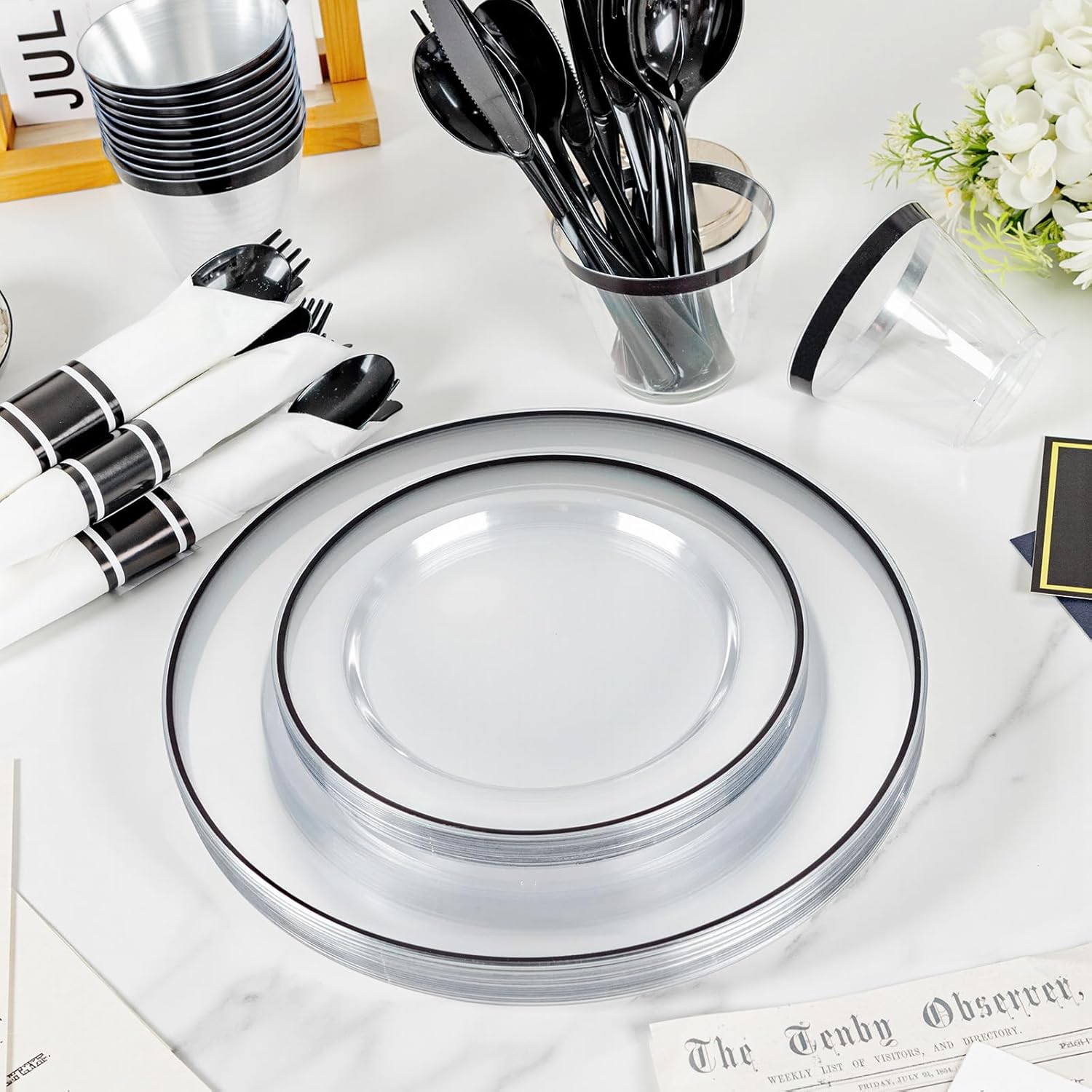 SUT 175 Pcs Black and Clear Plastic Dinnerware Set for 25 Guests, Include: 25 Dinner Plates, 25 Dessert Plates, 25 Pre Rolled Napkins With Silverware, 25 Cups, Disposable Plates for Party - Image 3