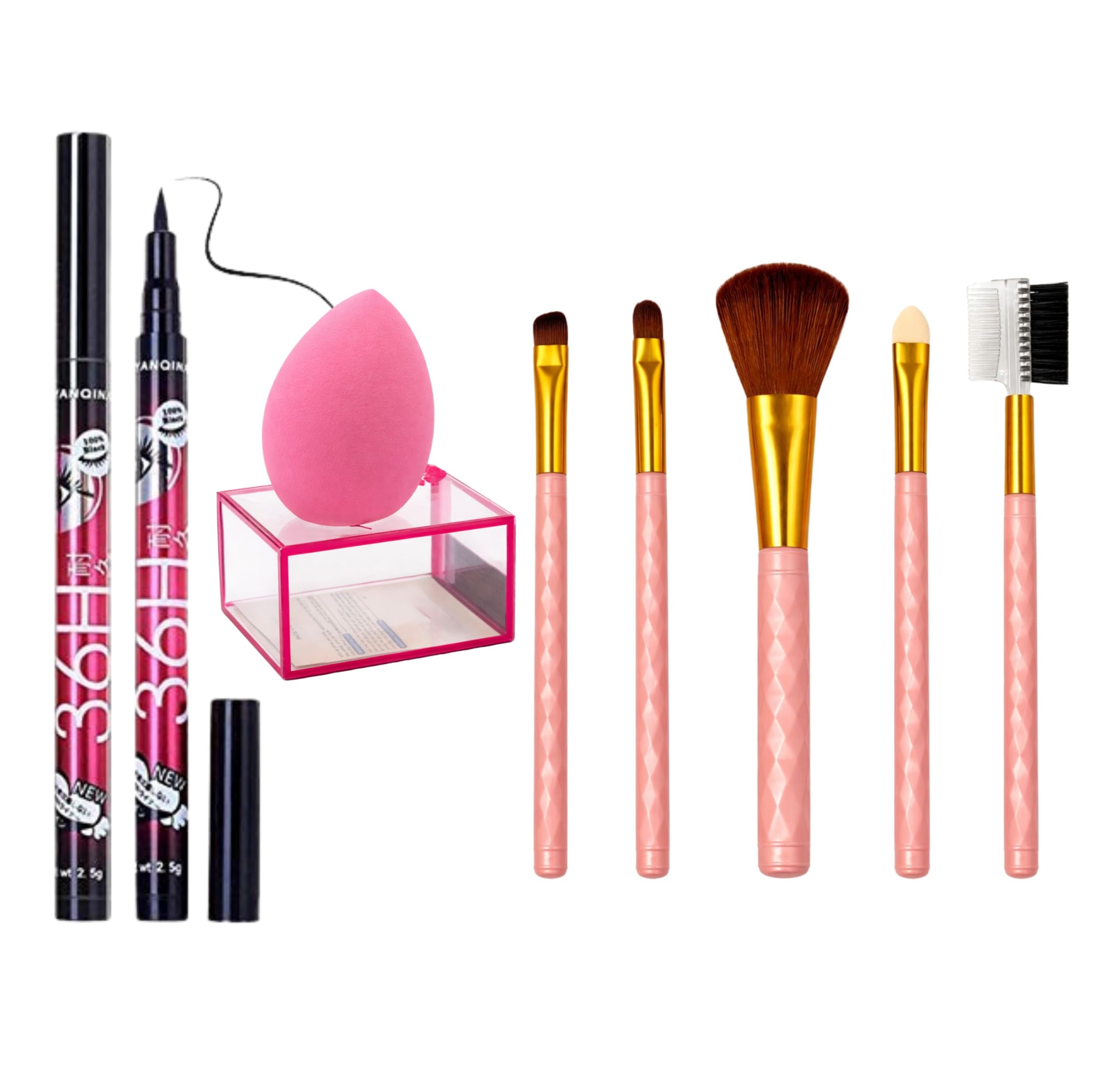 7-Piece Makeup Tool & Definition Kit – 5-Piece Diamond-Handle Brush Set, Waterproof 36H Liquid Eyeliner Pen & Soft Microfiber Powder Puff with Storage Case – Travel-Friendly Beauty Essentials-image-22