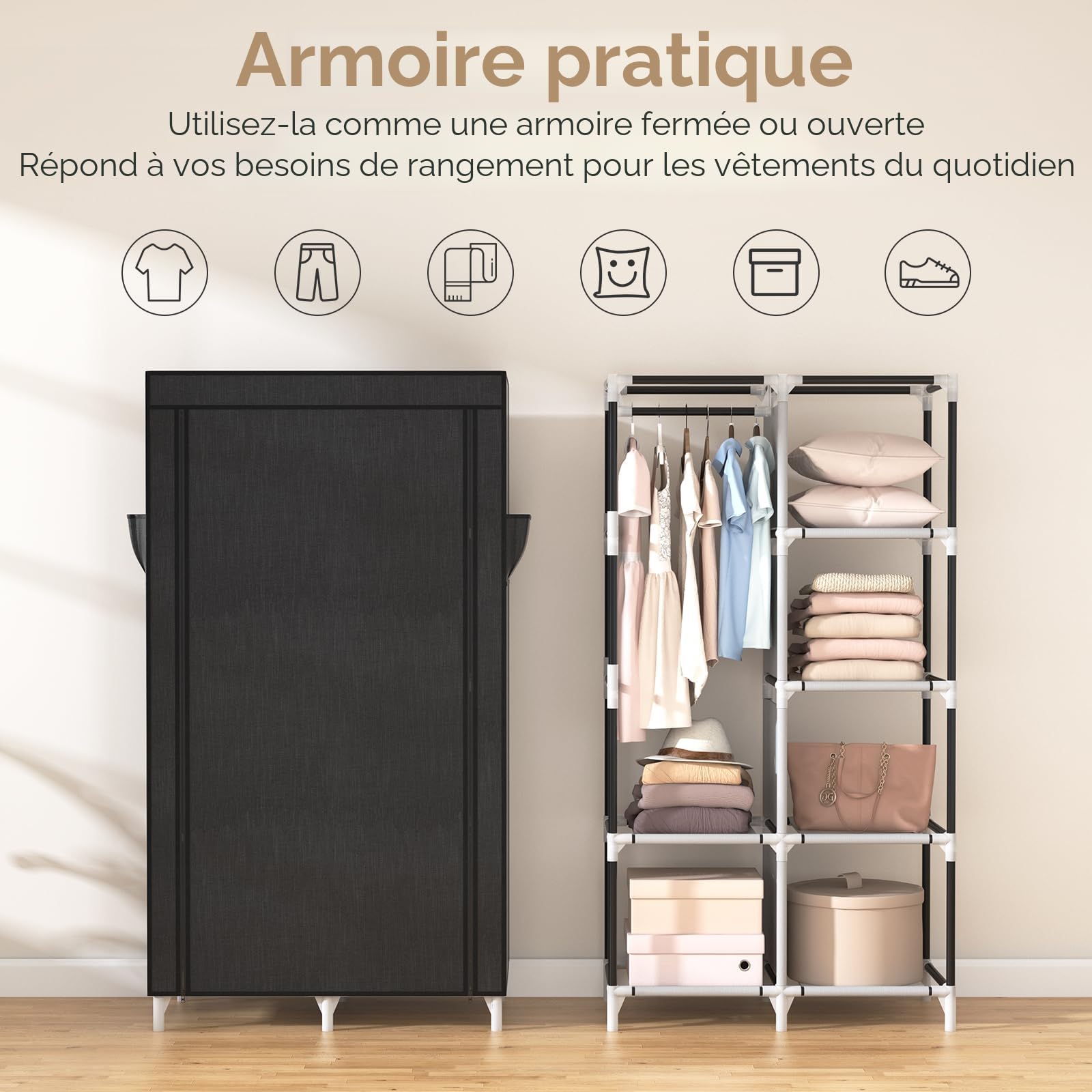 Vicye Armoire Chambre en Tissu, Armoire Penderie 2 Portes avec Barre de Suspension et Étagères, Penderie Tissu avec Housse pour Vestiaire Dressing Chambre (Noir, 84 x 42 x 162 cm)
