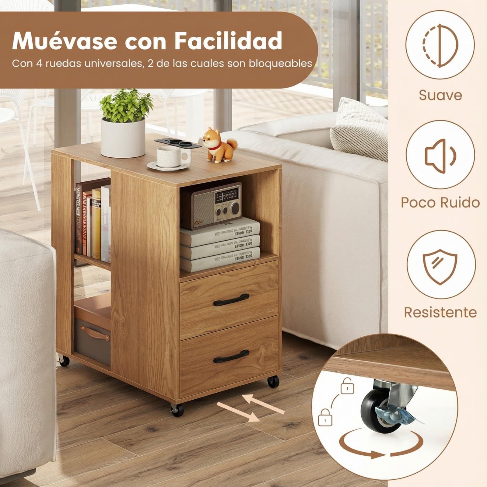 GYMAX Mesita de Noche con Estación de Carga, Mesita Auxiliar con Ruedas, 2 Cajones, Compartimento Abierto y Estantes Traseros, Mueble Moderno para Salón, Dormitorio, Despacho, 60x40x65,5 cm (Natural)