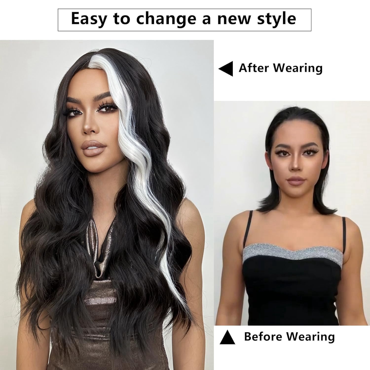 Sabosi Long Wavy Black White Wigs for Women 26 Inch Middle Part Curly Wavy Wig Natural Looking Synthetic Heat Resistant Fiber Wig for Daily Party Use… - Image 3