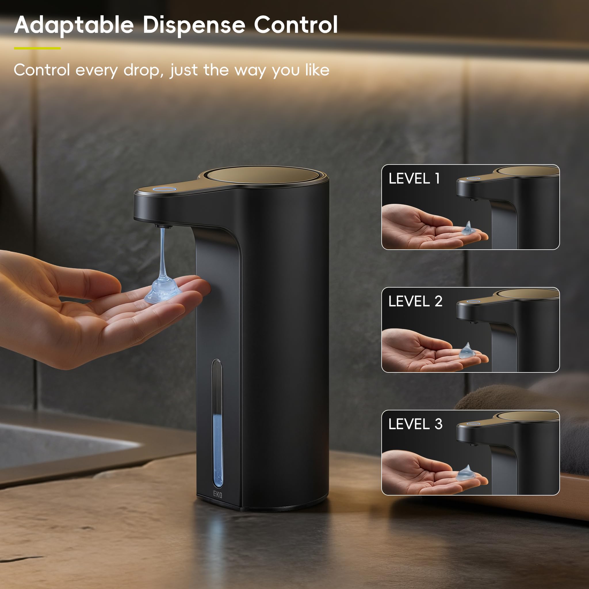 EKO Aroma - Dispensador automático de jabón líquido, Recargable y Resistente al Agua para Cocina y baño con Control de Volumen Ajustable (Acero Negro Mate)