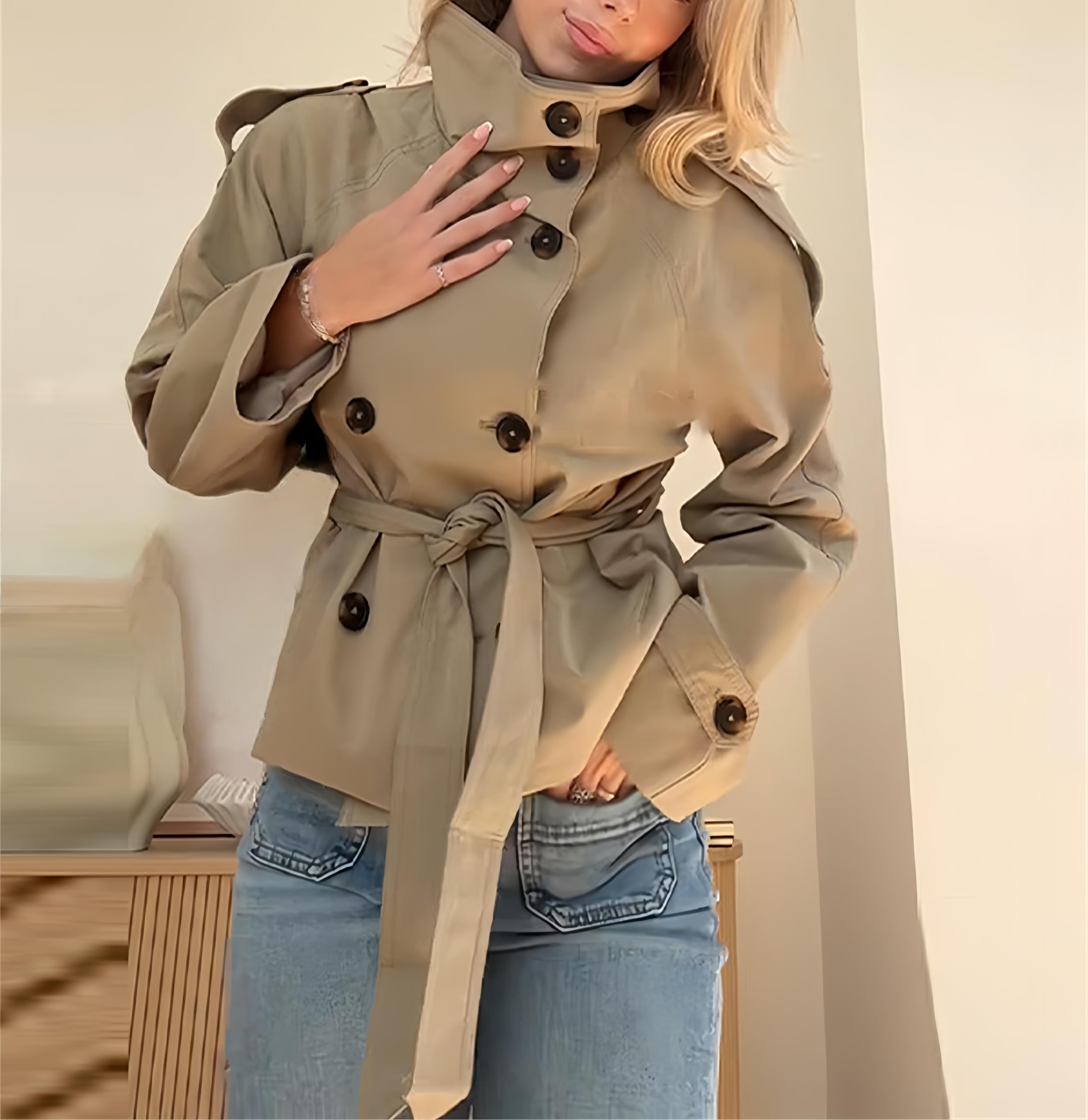 Damen Kurz-Trenchcoat Mit Stehkragen, Doppelreiher Und Gürtel Winddicht