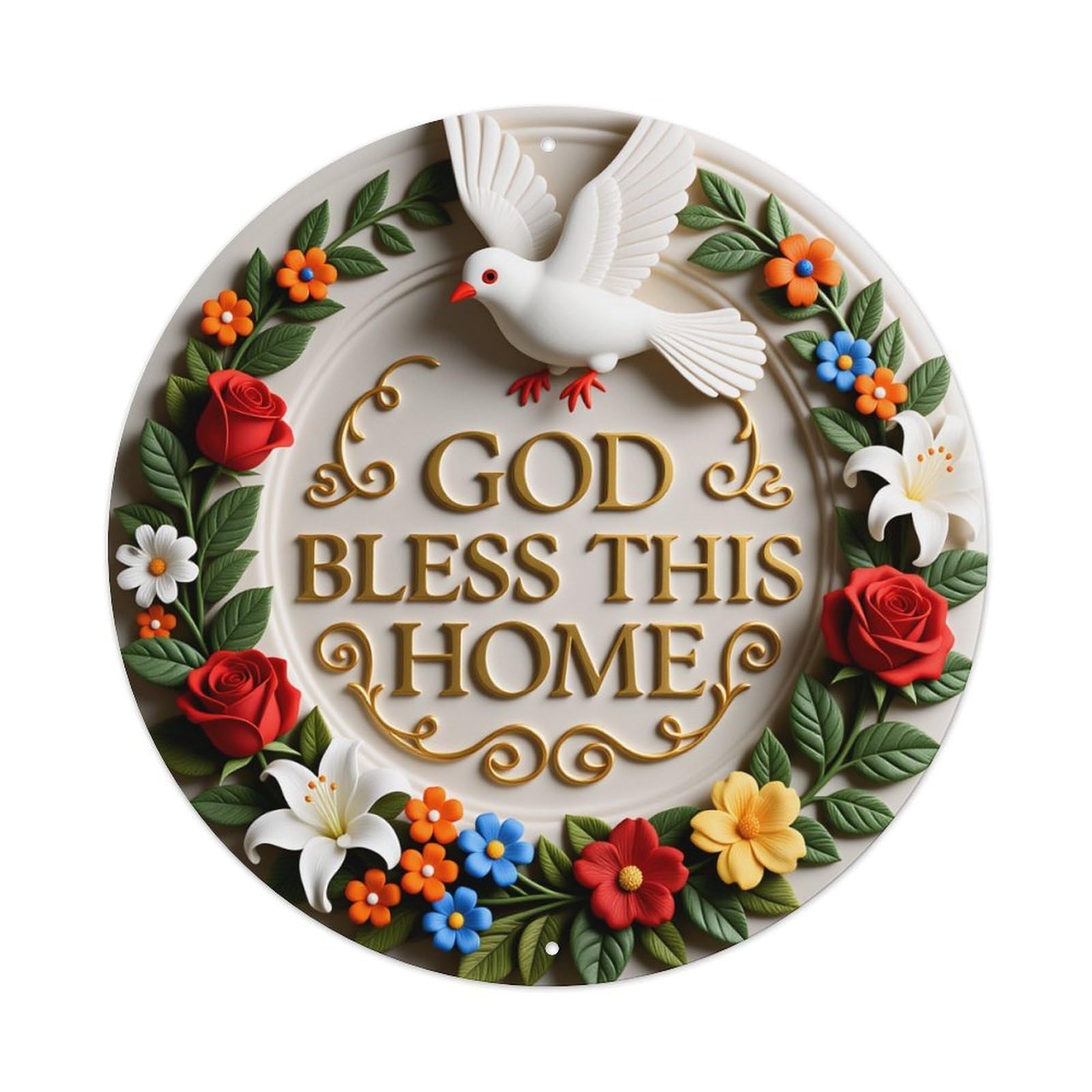 God Bless This Home Dove Flowers_1 Round Tin Sign Vintage Style Metal Sign Home Bar Garden Wall Plaque Decor Metal Poster 8x8 Inch
