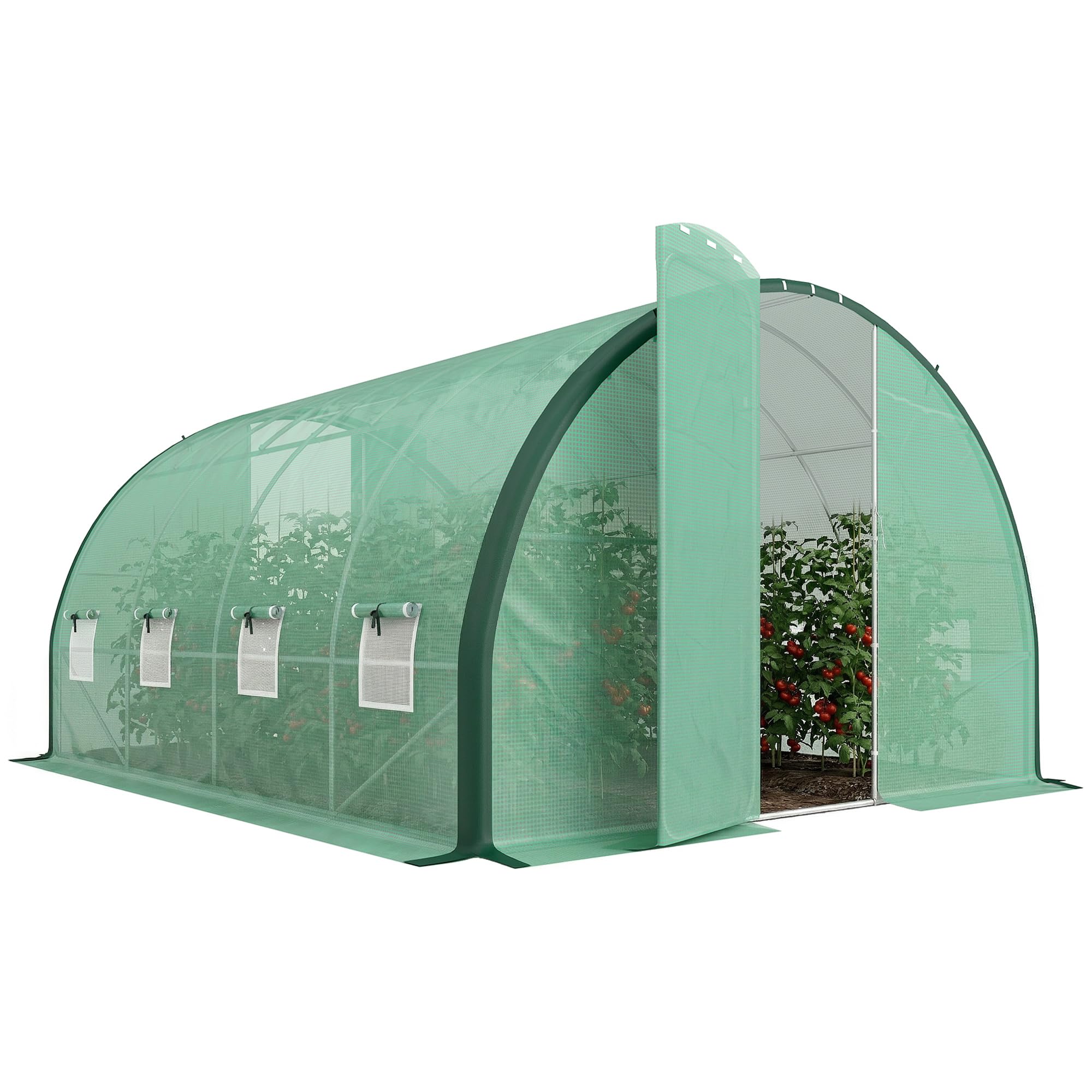 Outsunny 4 x 3 m Walk-in Polytunnel Greenhouse with Upgraded Structure, 2 Hinged Doors, 8 Mesh Windows, Tunnel Warm House Tent with UV-resistant PE Cover, Green