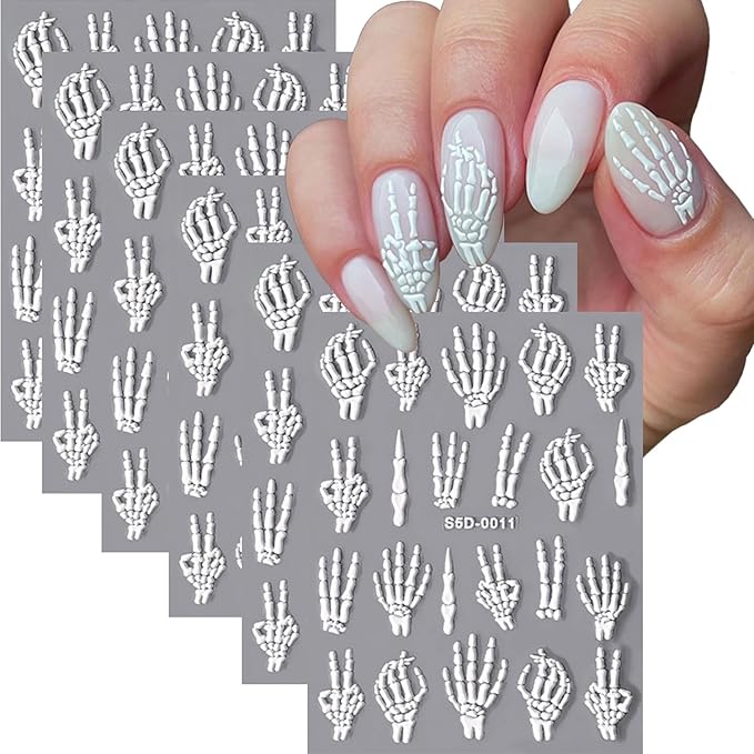 Halloween Nail Stickers Skeleton Nail Art Decals - 6 Sheets 5D Embossed Finger Skull Stickers Self-Adhesive Skull Hand Bones Nail Decals-DIY Manicure Supplies for Women