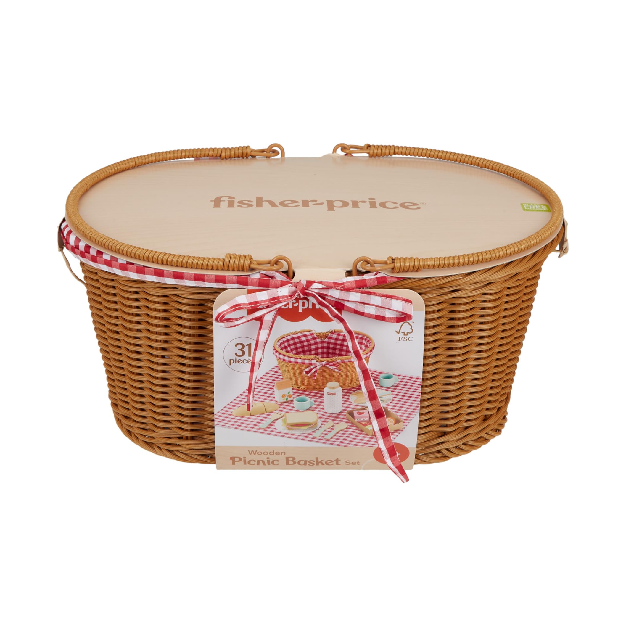 Fisher-Price Juego de cesta de pícnic de madera con comida, juguete de preescolar de imitación con 31 artículos, para niños y niñas a partir de 3 años, HXT81