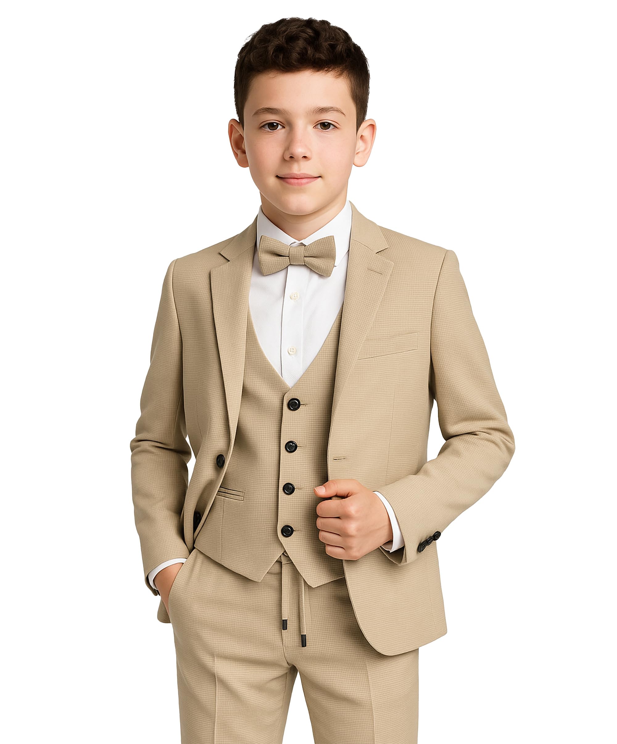SIRRI Chłopięcy beżowy teksturowany splot slim fit garnitur 5-częściowy wzór dla chłopca formalny elegancki zestaw na co dzień