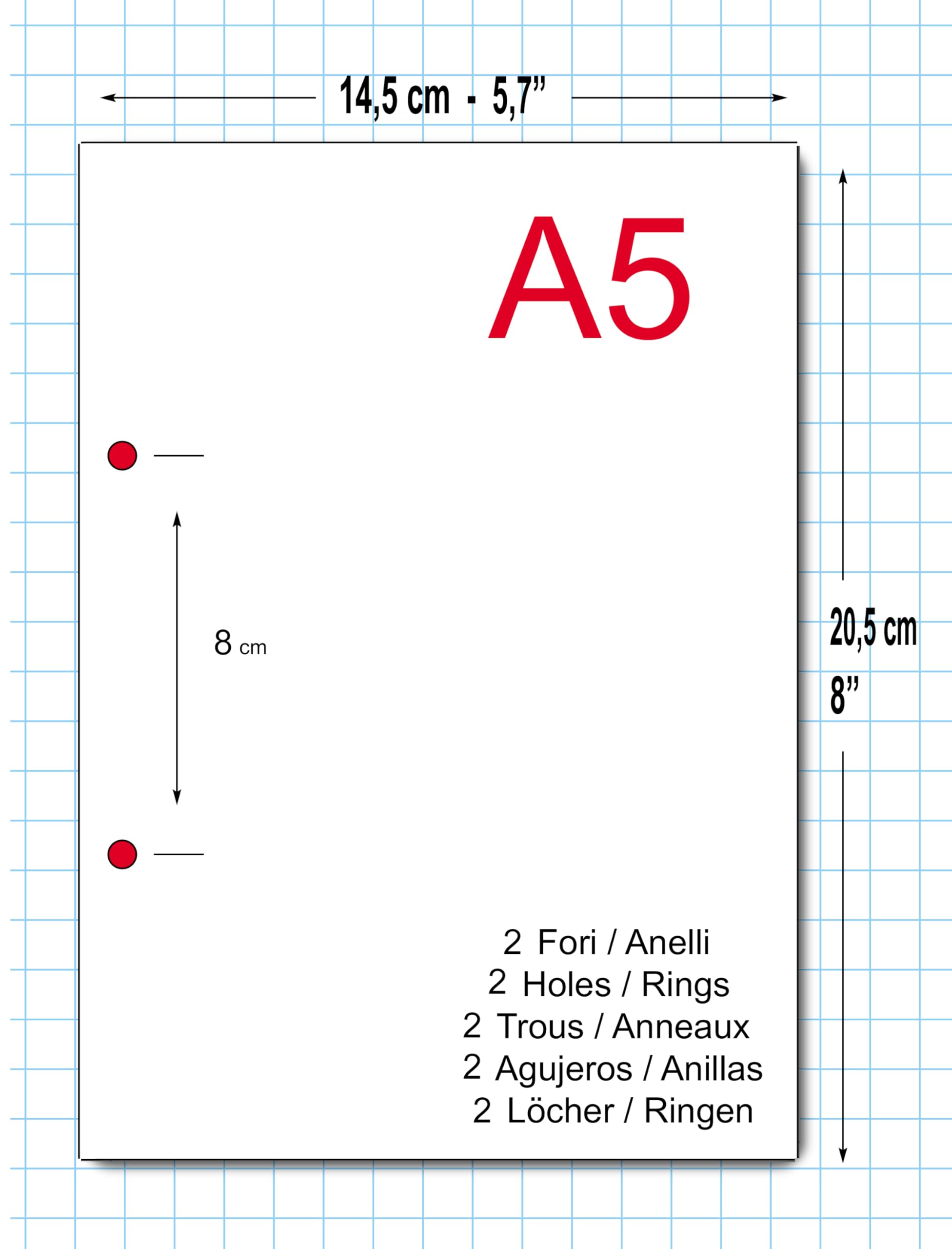 Refill Ricarica 200 Fogli (400 Pagine) - 2 Fori - A5 14,5x20,5cm. Quadretti 5 mm. - DIN A5 2-holes - per raccoglitore con 2 anelli distanti 8 cm.
