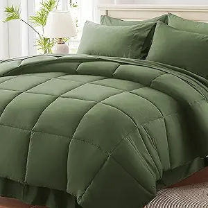 Anluoer Queen Comforter Set 7 Piece, Olive Green Bed in a Bag with All Season Bedding Comforter Sets, 1 Comforter, 2 Pillow Shams, 2 Pillowcases, 1 Flat Sheet, 1 Fitted Sheet