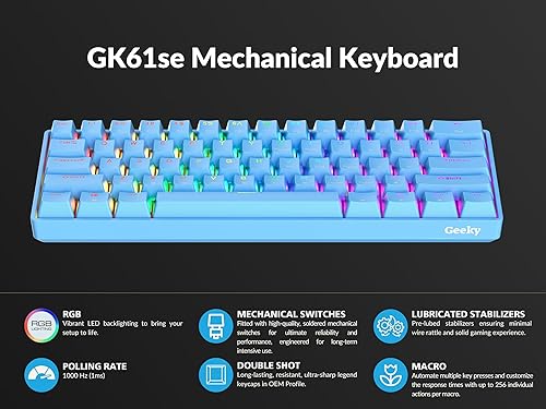 Miniatura 5 de Geeky GK61 SE 60%  Teclado mecánico para juegos  61 teclas multicolor RGB LED retroiluminado para jugadores de PCMac  Diseño americano ANSI US