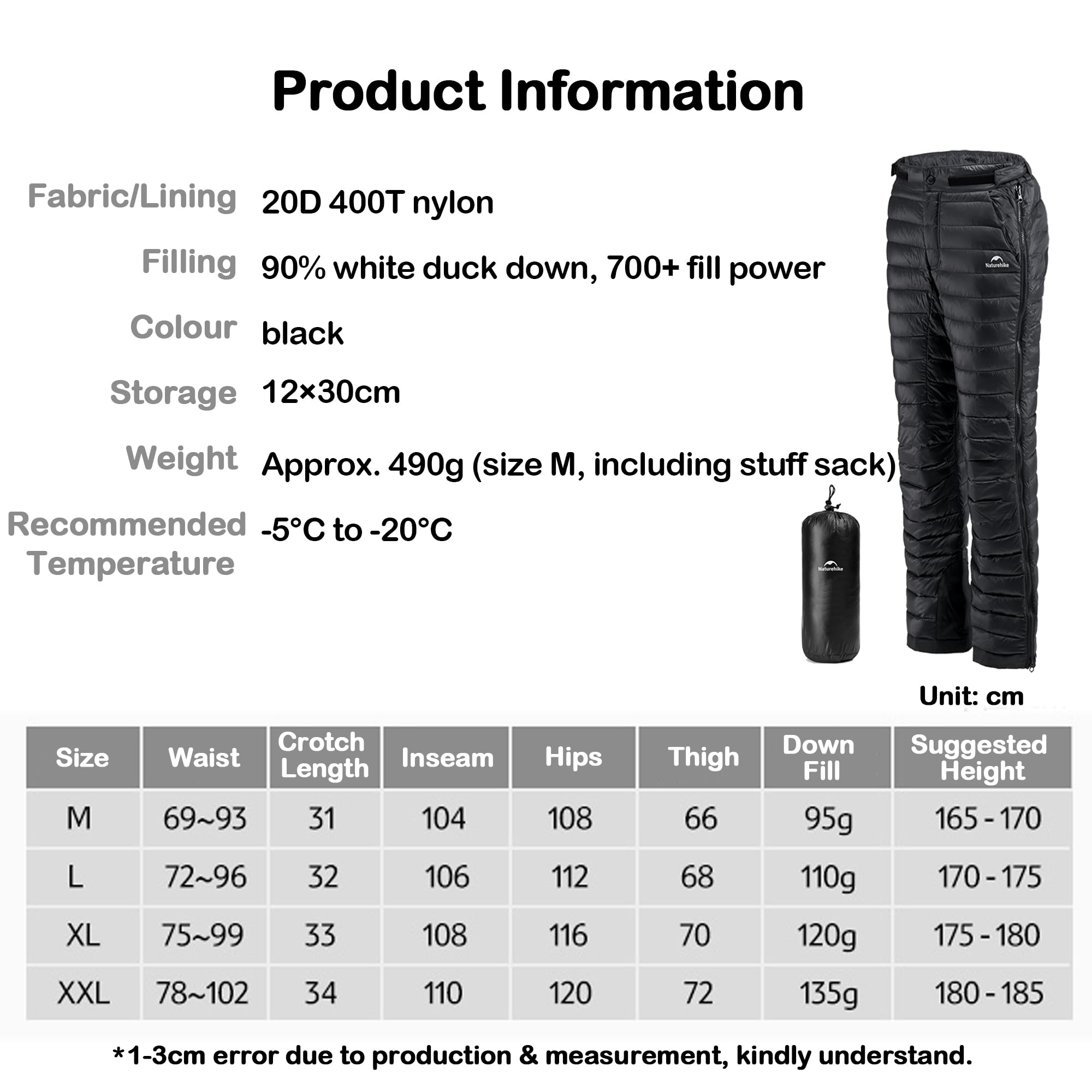 Naturehike Daunenhose, Gefüllt 90% 700+ FPweißer Entenflaum für -5℃~-20℃
