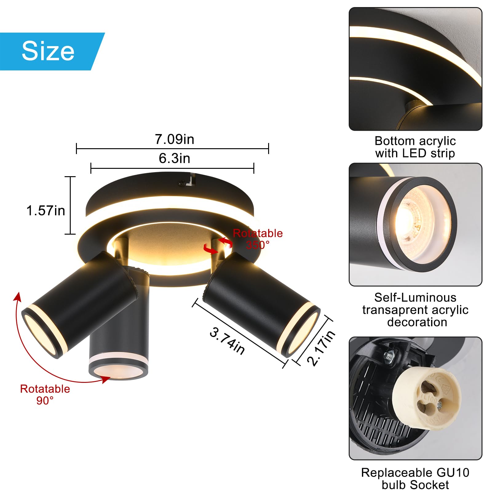 SANSHI Rotonda Faretti da Soffitto Orientabili Interno LED 2 Luce,Faretti da Parete con Inferiore 15W+2x5W,GU10 Lampadario Faretti,Moderna Plafoniera Faretti Bianco Caldo 3000K per Cameretta,Nero