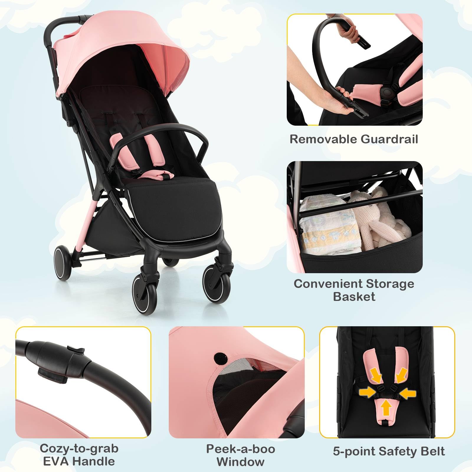 GYMAX Passeggino pieghevole portatile con una sola mano, cintura di sicurezza a 5 punti, ruota bloccabile, poggiapiedi regolabile, tettuccio e schienale, passeggino da viaggio per bambini da 0 a 3