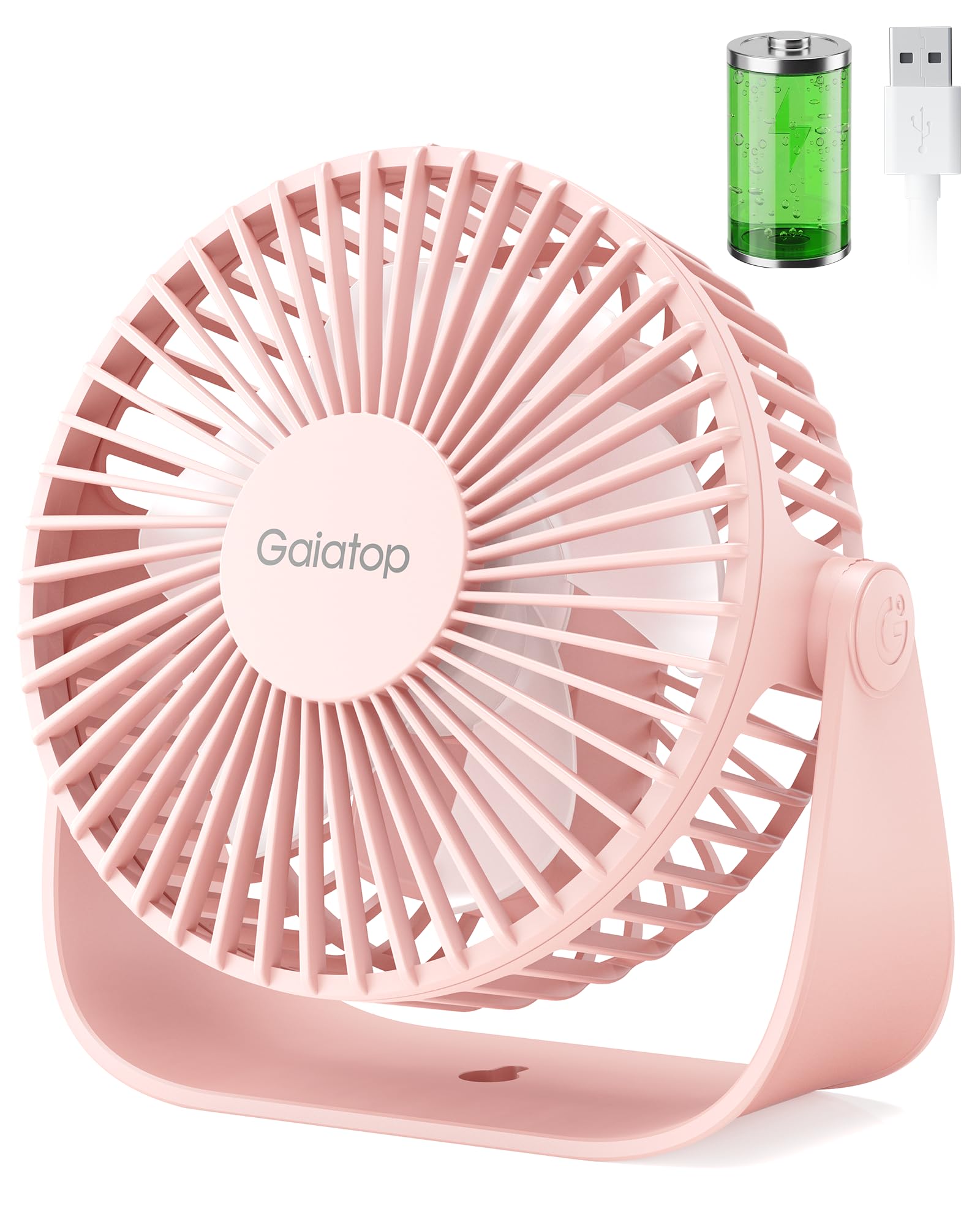 gaiatop Small USB Desk Fan, 3-10H Runtime Rechargeable Desktop Fan, 3 Speeds, 360° Rotatable, 1.5M Cable Usb Fan Silent Powerful Portable Mini Fan for Bedroom Office School Home Outdoor, Pink