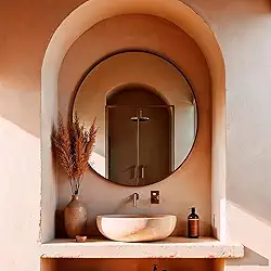 Espelho Redondo Decorativo Red 60cm Estilo Moderno para Banheiro Sala Quarto ou Hall com Moldura em Couro Preto com Suporte de Parede